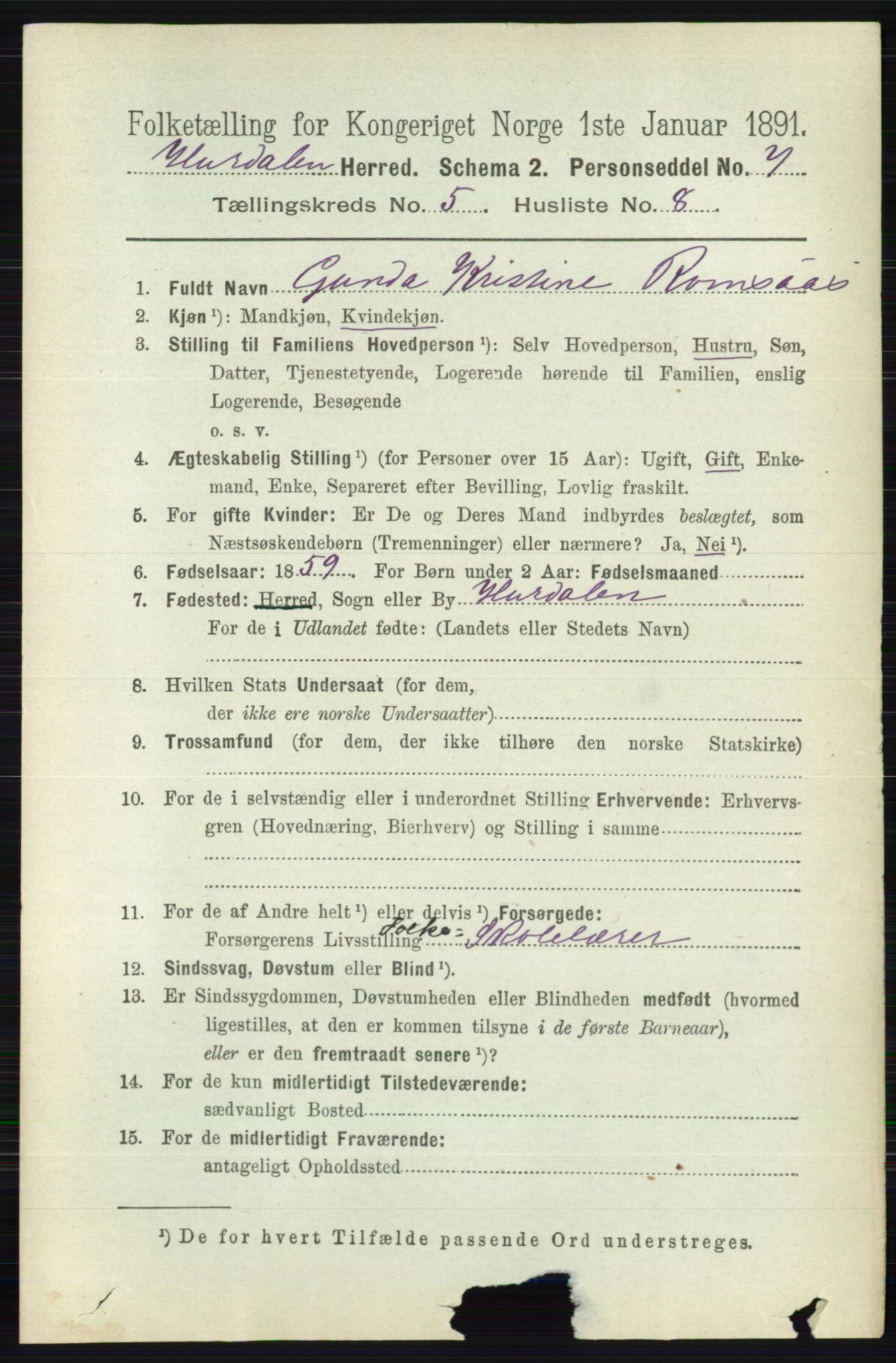 RA, 1891 census for 0239 Hurdal, 1891, p. 2124