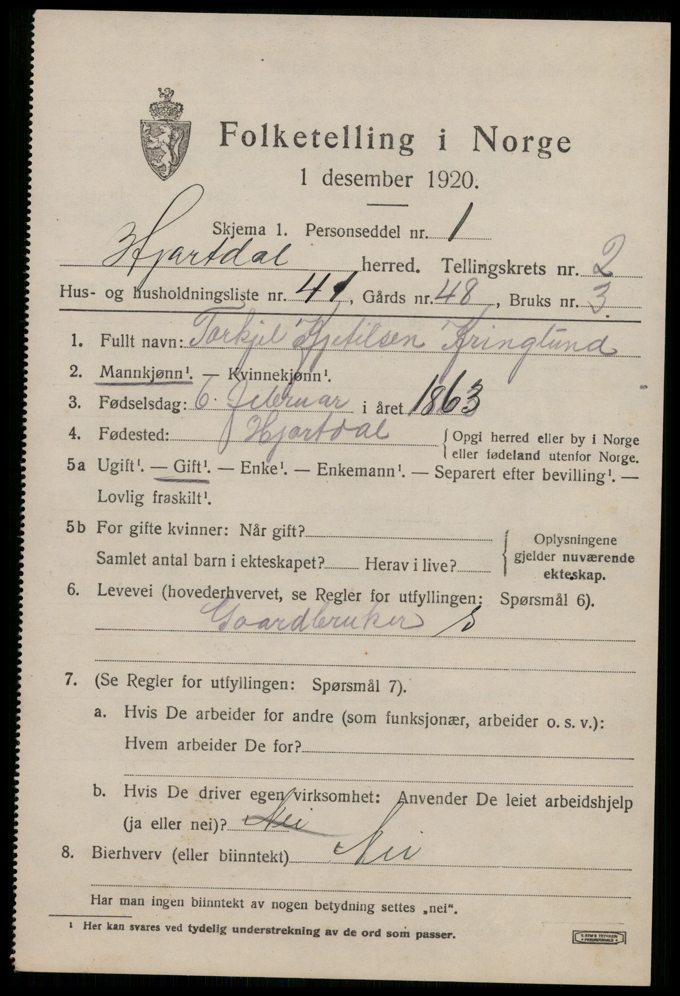 SAKO, 1920 census for Hjartdal, 1920, p. 2252