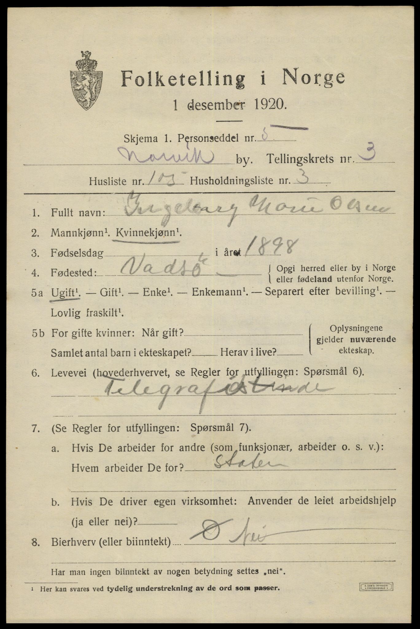 SAT, 1920 census for Narvik, 1920, p. 14254