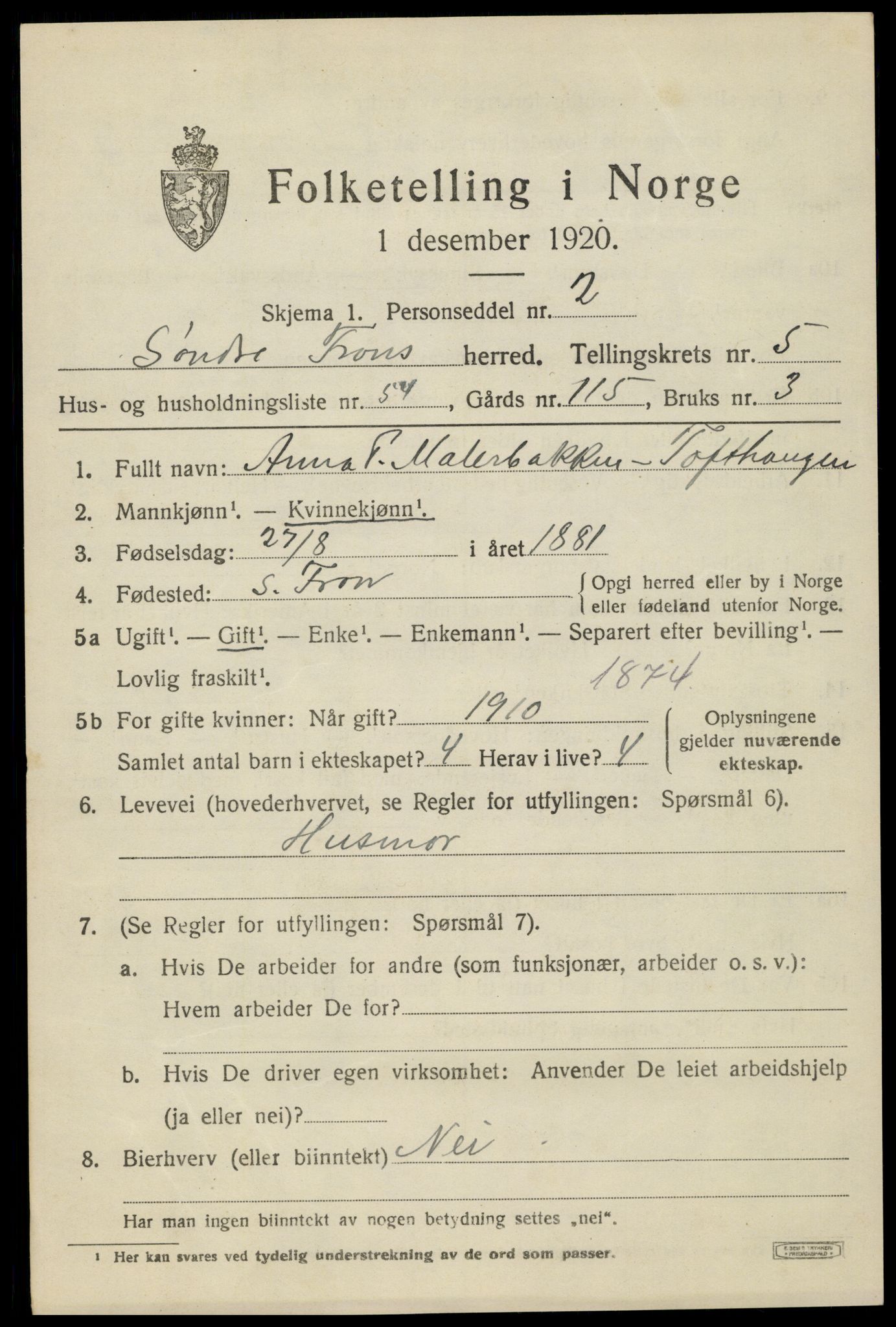 SAH, 1920 census for Sør-Fron, 1920, p. 6023