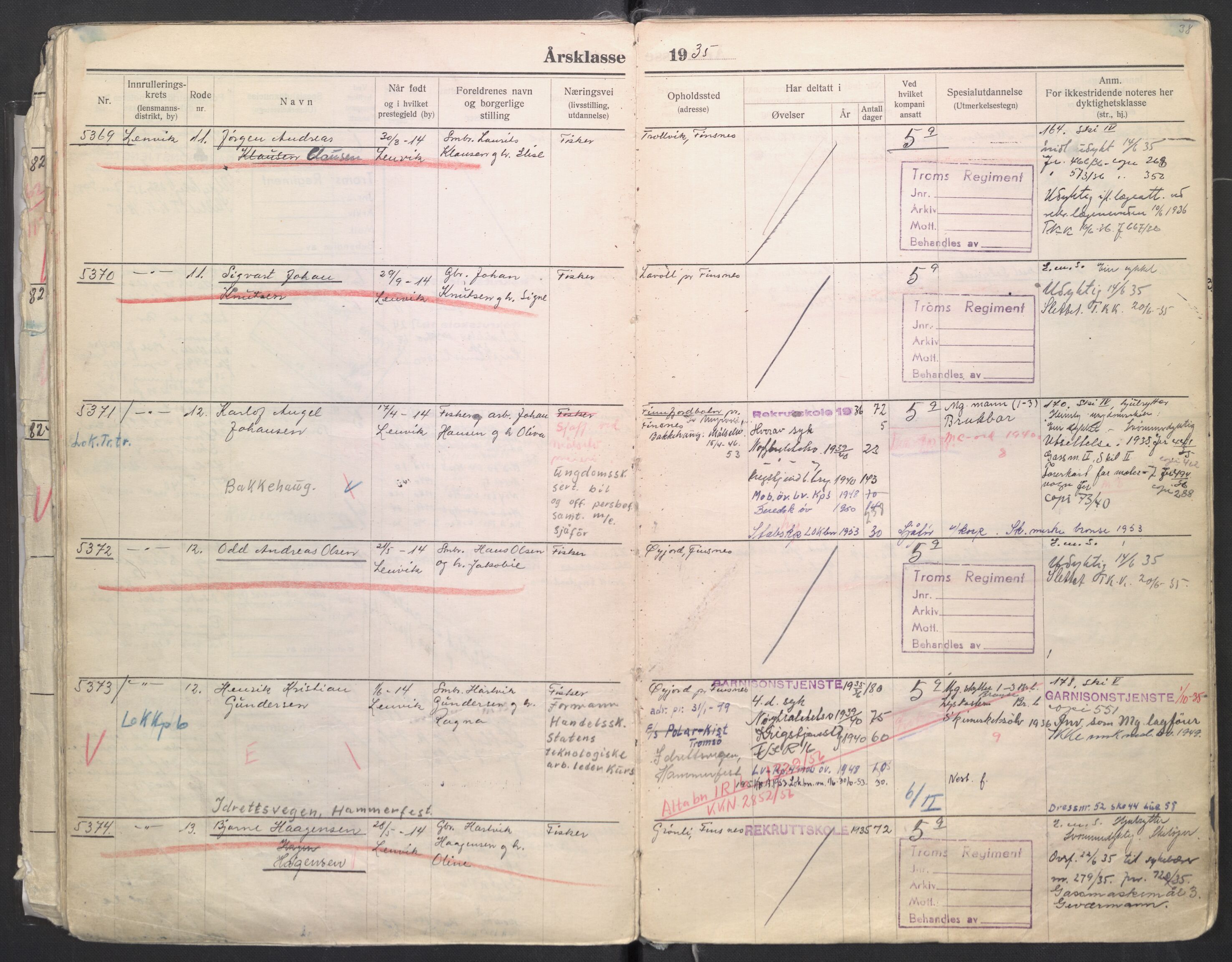 Forsvaret, Troms infanteriregiment nr. 16, AV/RA-RAFA-3146/P/Pa/L0006/0008: Ruller / Rulle for regimentets menige mannskaper, årsklasse 1935, 1935, p. 38