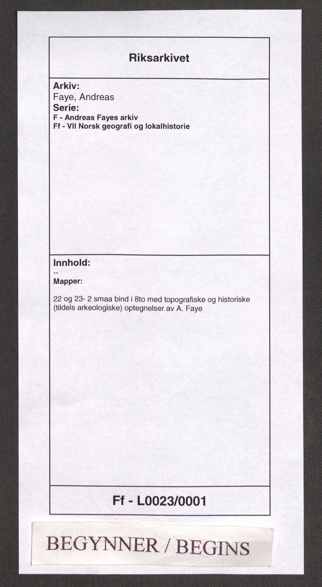 Faye, Andreas, AV/RA-PA-0015/F/Ff/L0023/0001: -- / 2 smaa bind i 8to med topografiske og historiske (tildels arkeologiske) optegnelser av A. Faye, 1790-1865