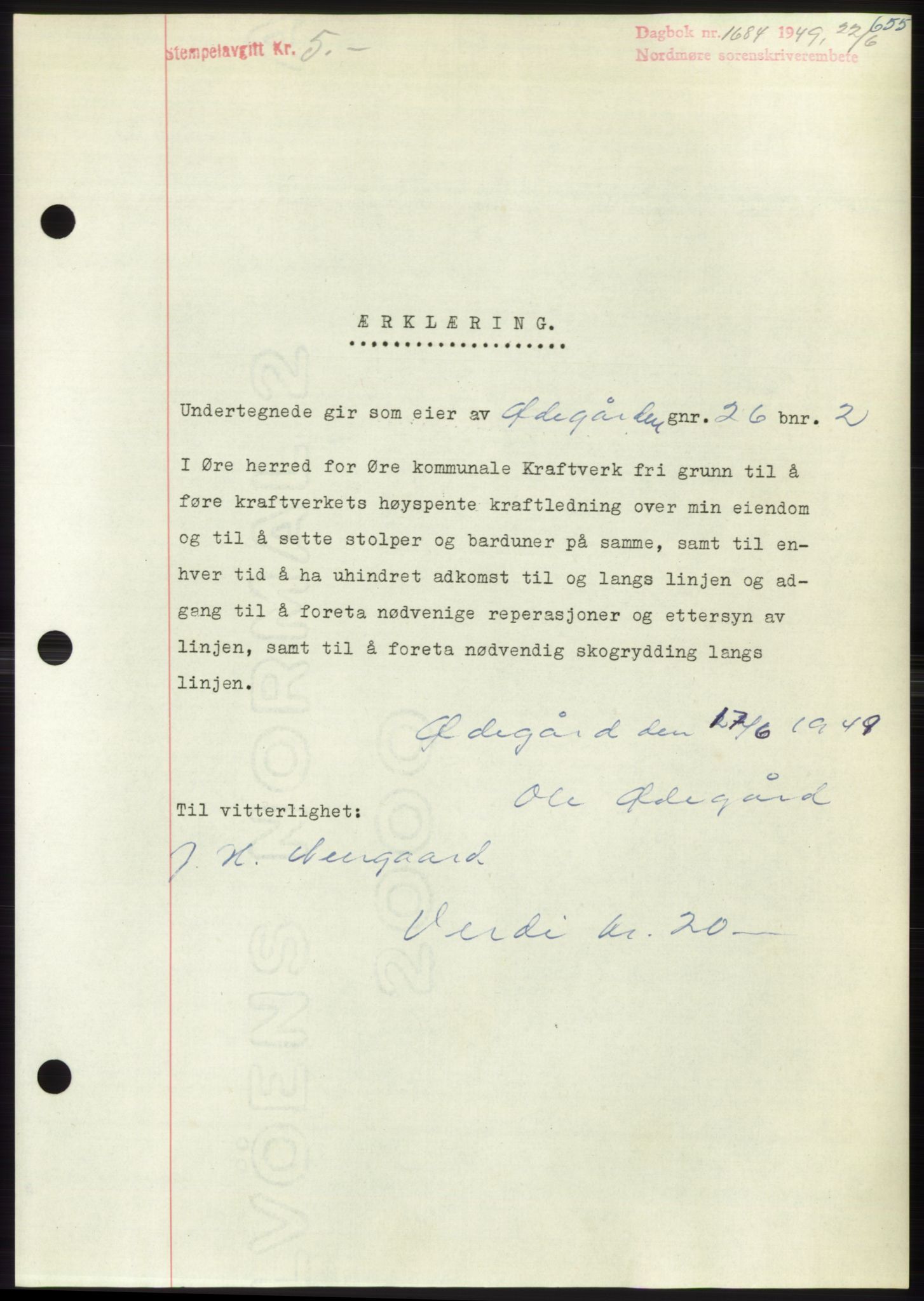 Nordmøre sorenskriveri, AV/SAT-A-4132/1/2/2Ca: Mortgage book no. B101, 1949-1949, Diary no: : 1684/1949