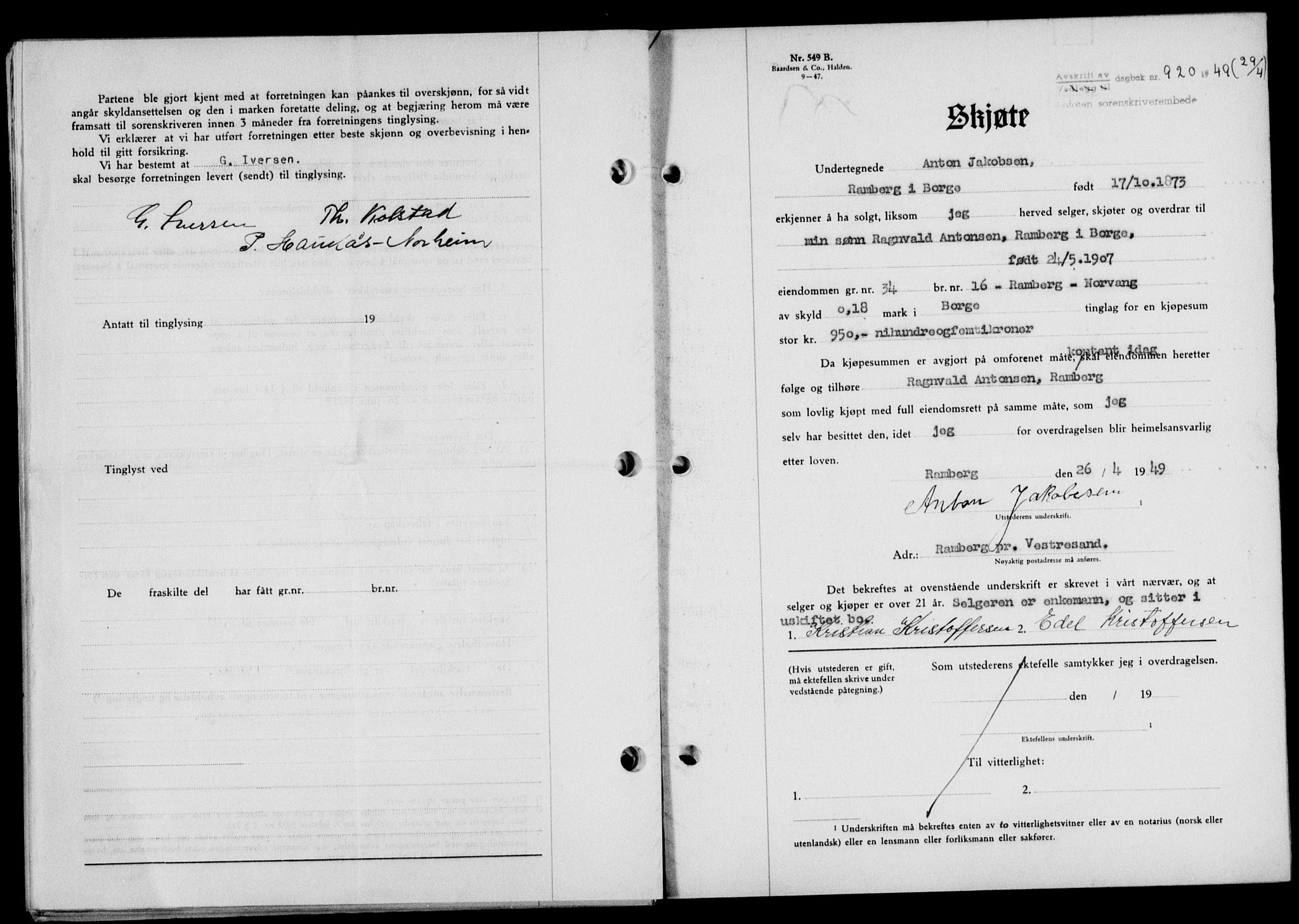 Lofoten sorenskriveri, SAT/A-0017/1/2/2C/L0020a: Mortgage book no. 20a, 1948-1949, Diary no: : 920/1949