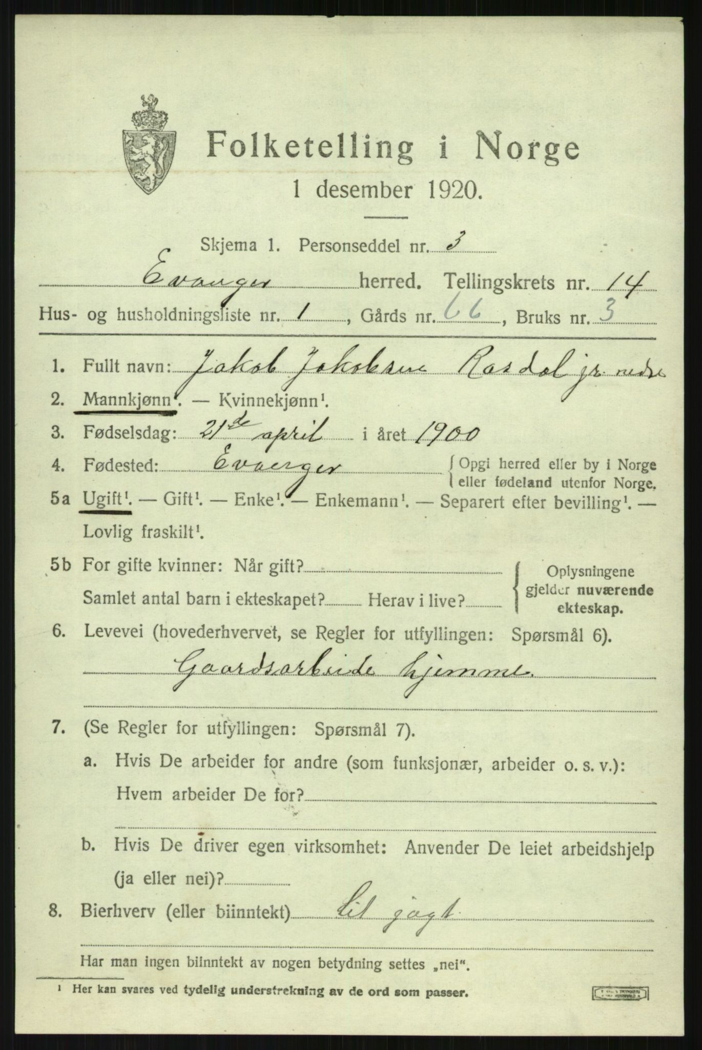 SAB, 1920 census for Evanger, 1920, p. 3973