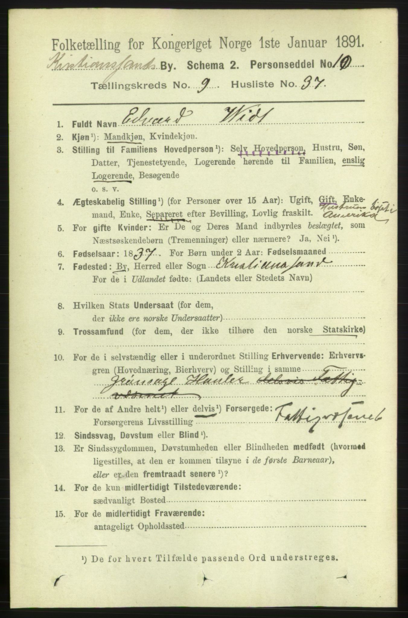 RA, 1891 census for 1001 Kristiansand, 1891, p. 5289