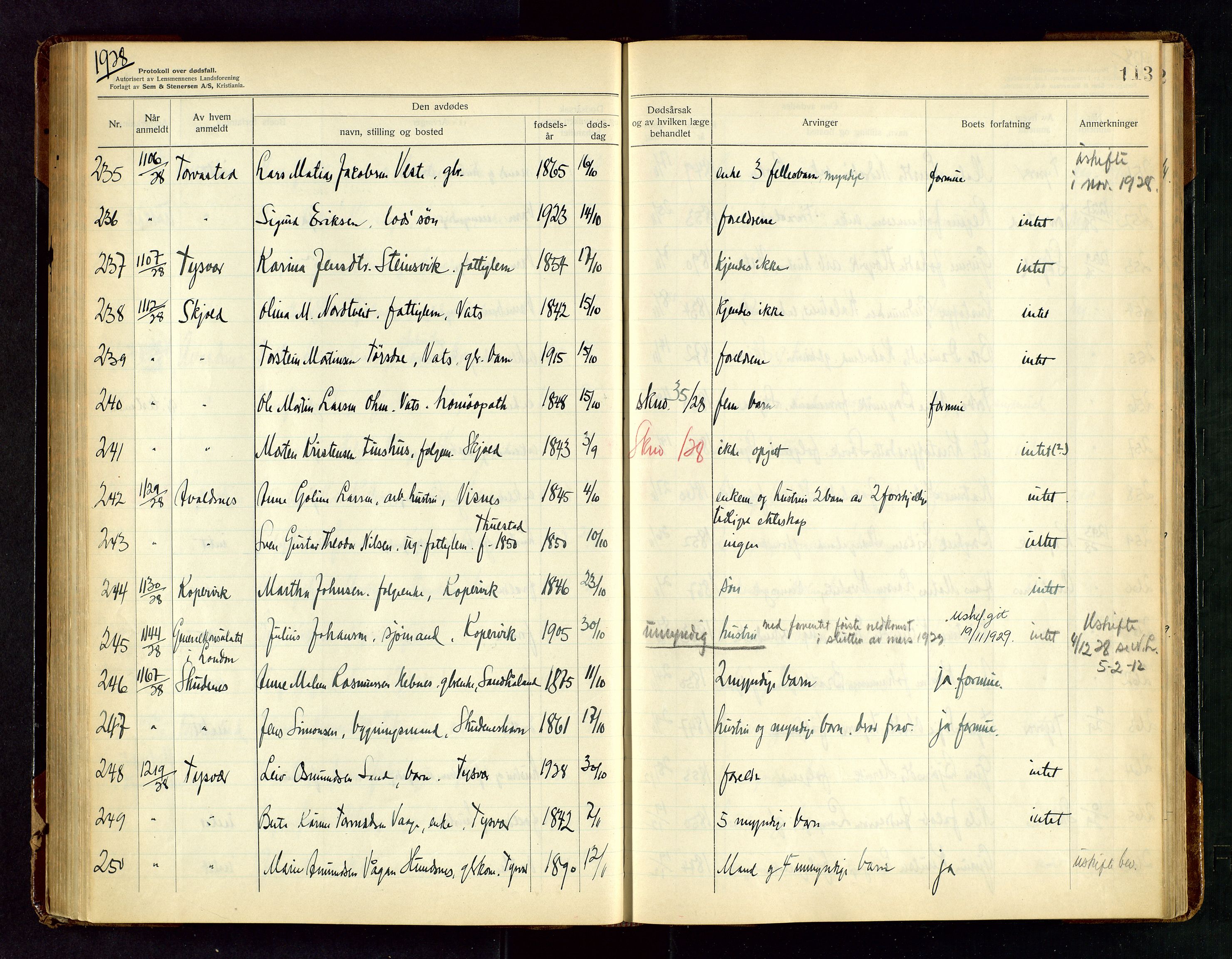 Karmsund sorenskriveri, AV/SAST-A-100311/01/IV/IVAB/L0005: DØDSFALLSPROTOKOLL, 1923-1933, p. 113