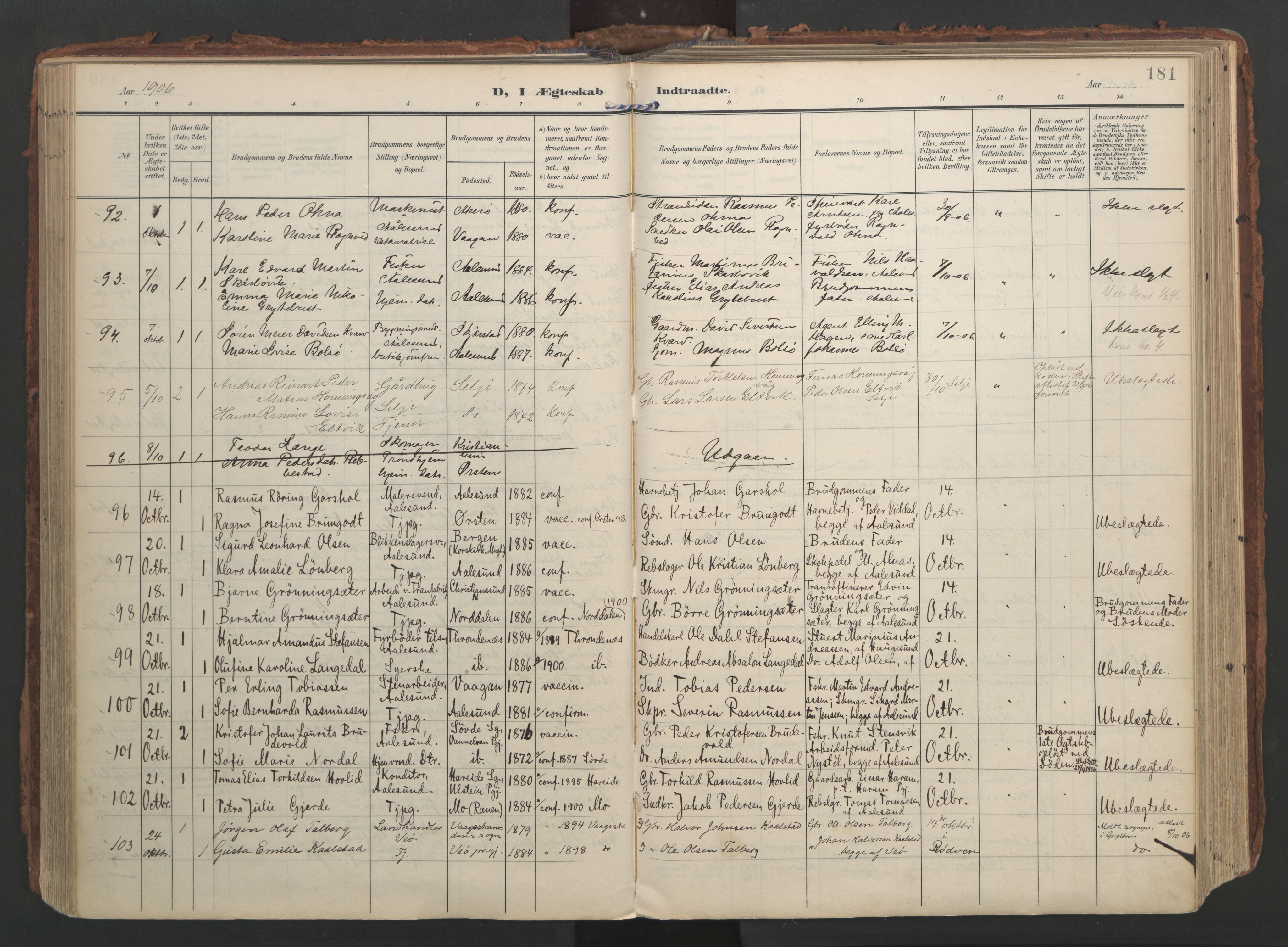 Ministerialprotokoller, klokkerbøker og fødselsregistre - Møre og Romsdal, AV/SAT-A-1454/529/L0459: Parish register (official) no. 529A09, 1904-1917, p. 181