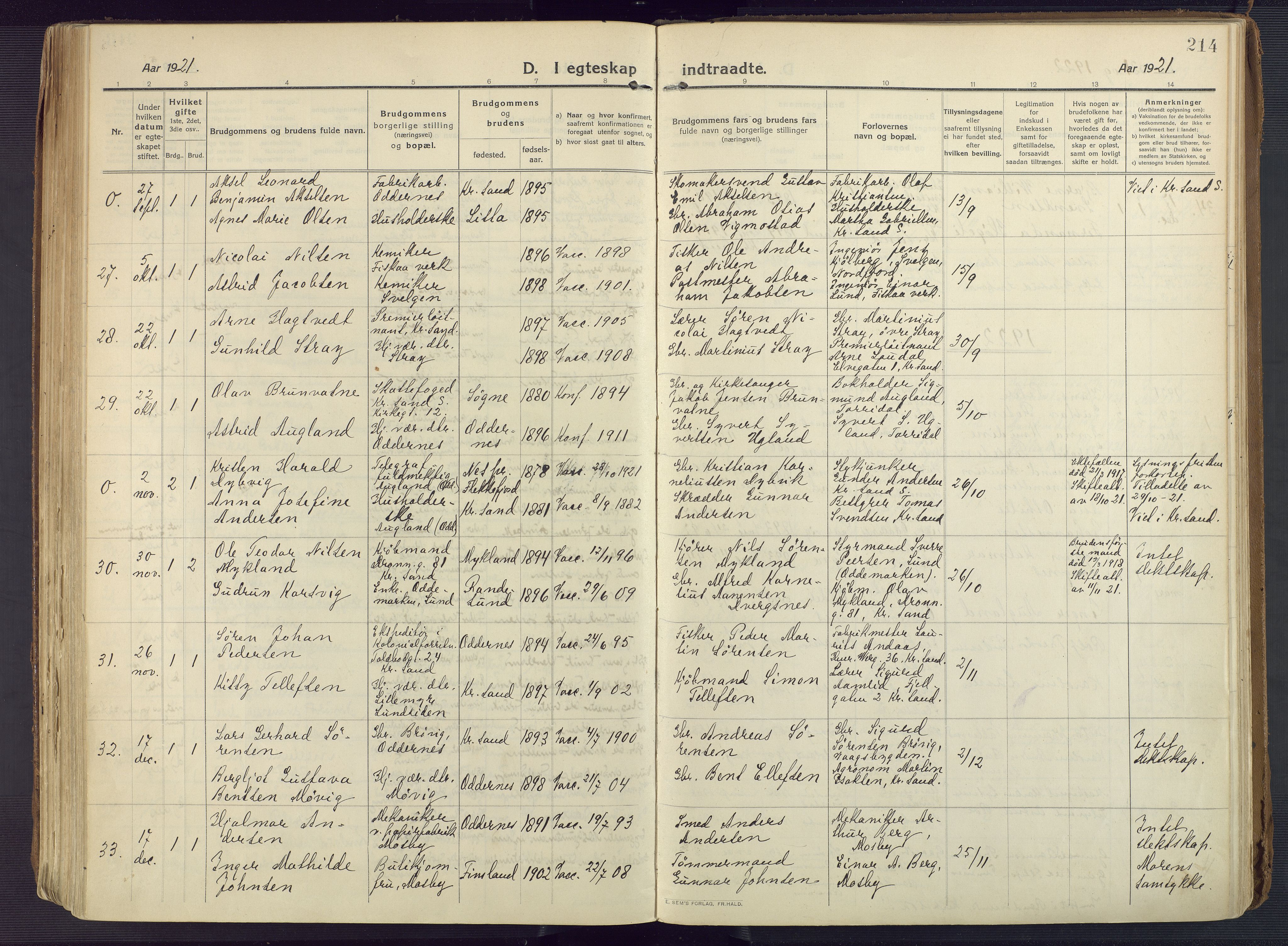 Oddernes sokneprestkontor, AV/SAK-1111-0033/F/Fa/Faa/L0012: Parish register (official) no. A 12, 1912-1925, p. 214