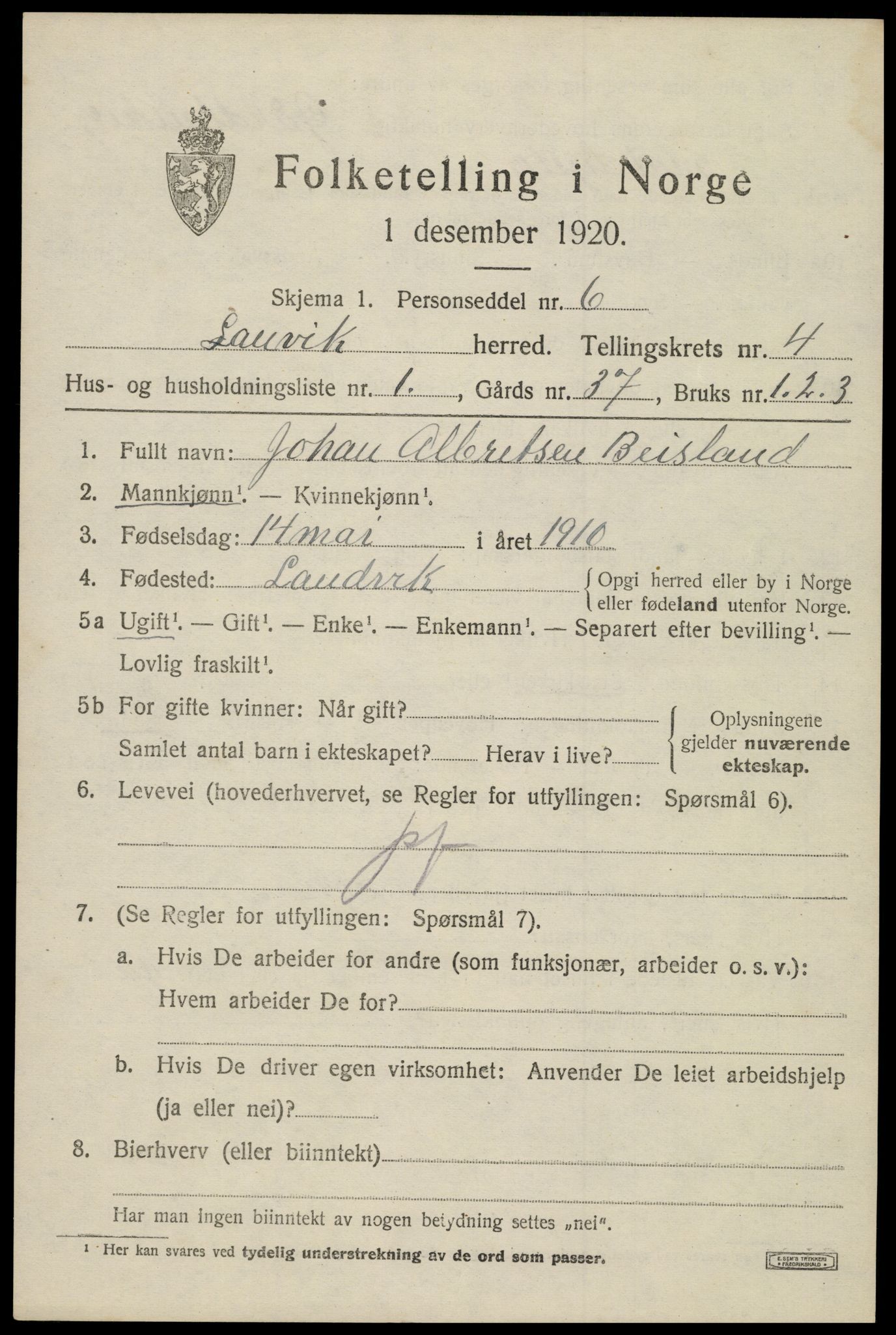 SAK, 1920 census for Landvik, 1920, p. 3670