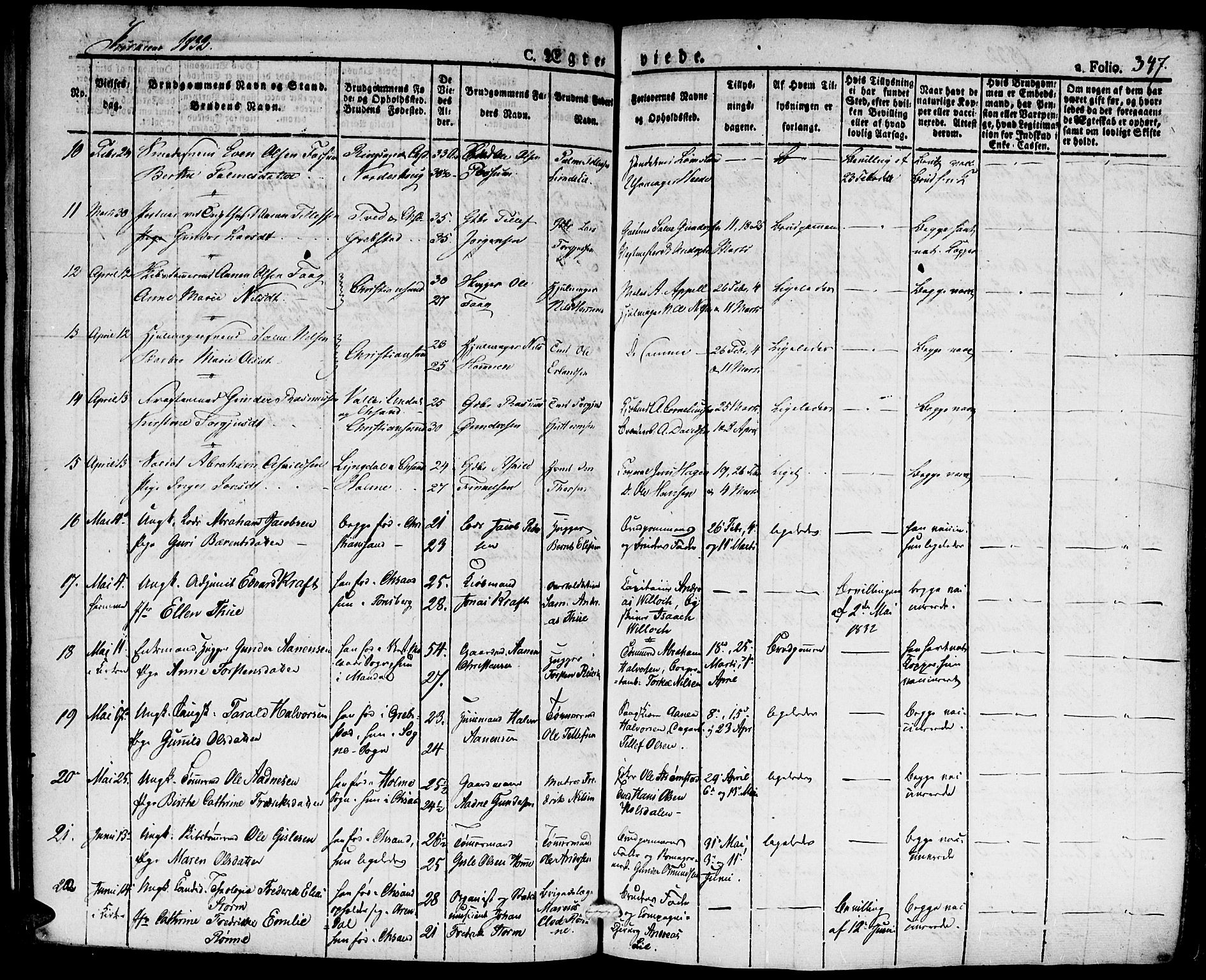 Kristiansand domprosti, SAK/1112-0006/F/Fa/L0011: Parish register (official) no. A 11, 1827-1841, p. 347