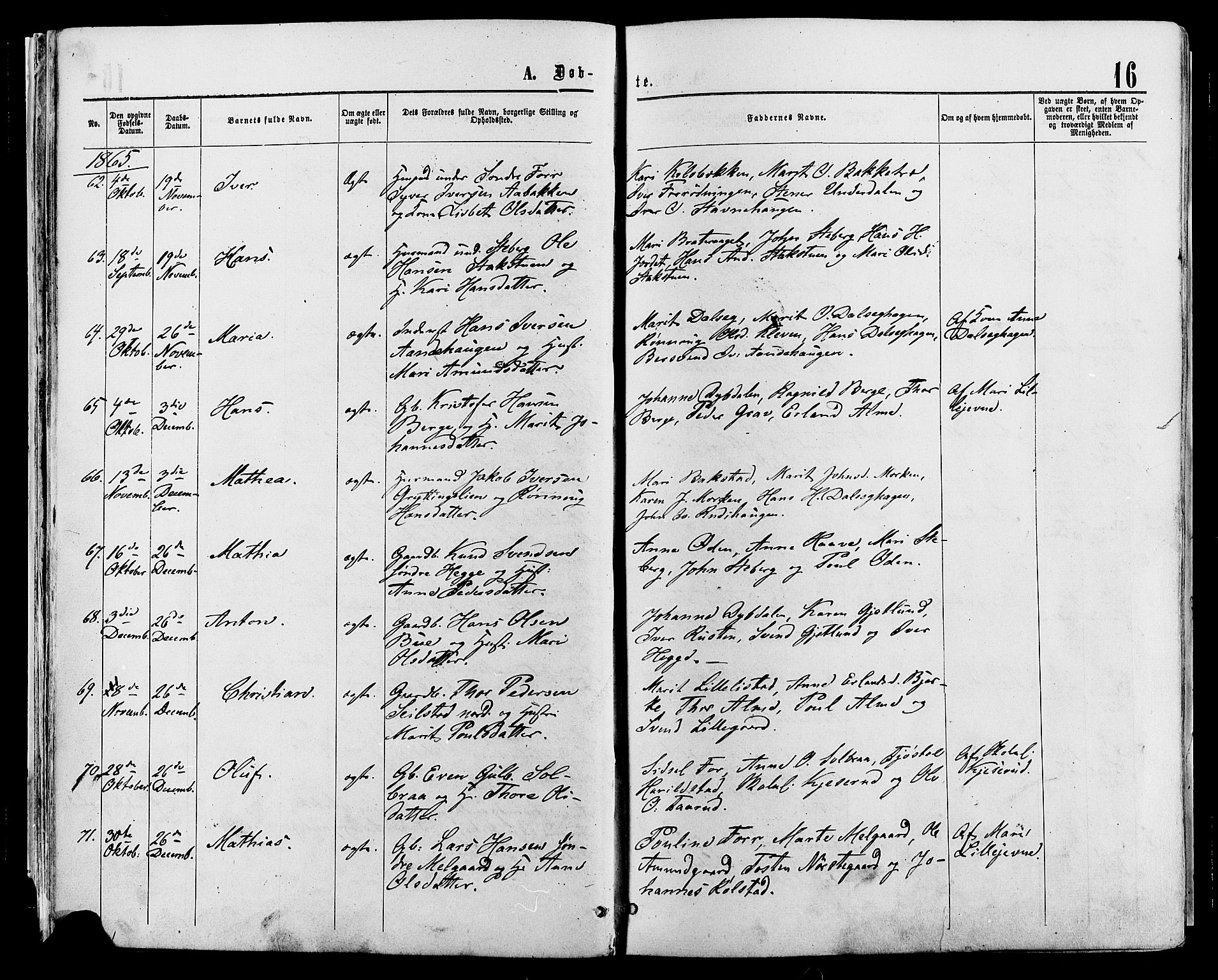 Sør-Fron prestekontor, SAH/PREST-010/H/Ha/Haa/L0002: Parish register (official) no. 2, 1864-1880, p. 16