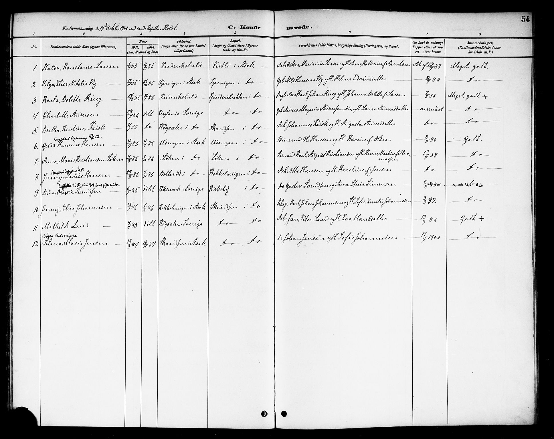 Berg prestekontor Kirkebøker, AV/SAO-A-10902/F/Fb/L0002: Parish register (official) no. II 2, 1888-1902, p. 54