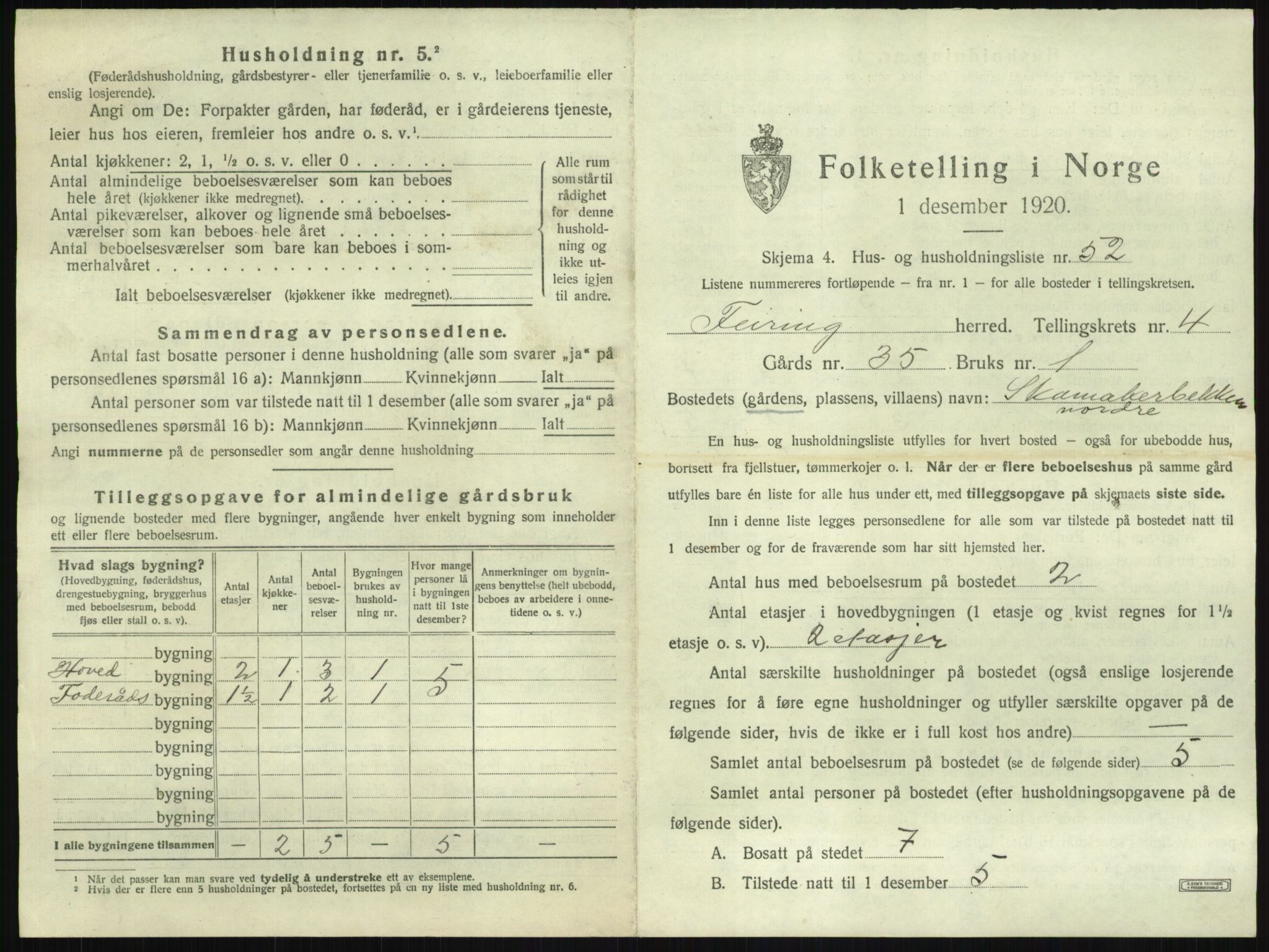 SAO, 1920 census for Feiring, 1920, p. 424