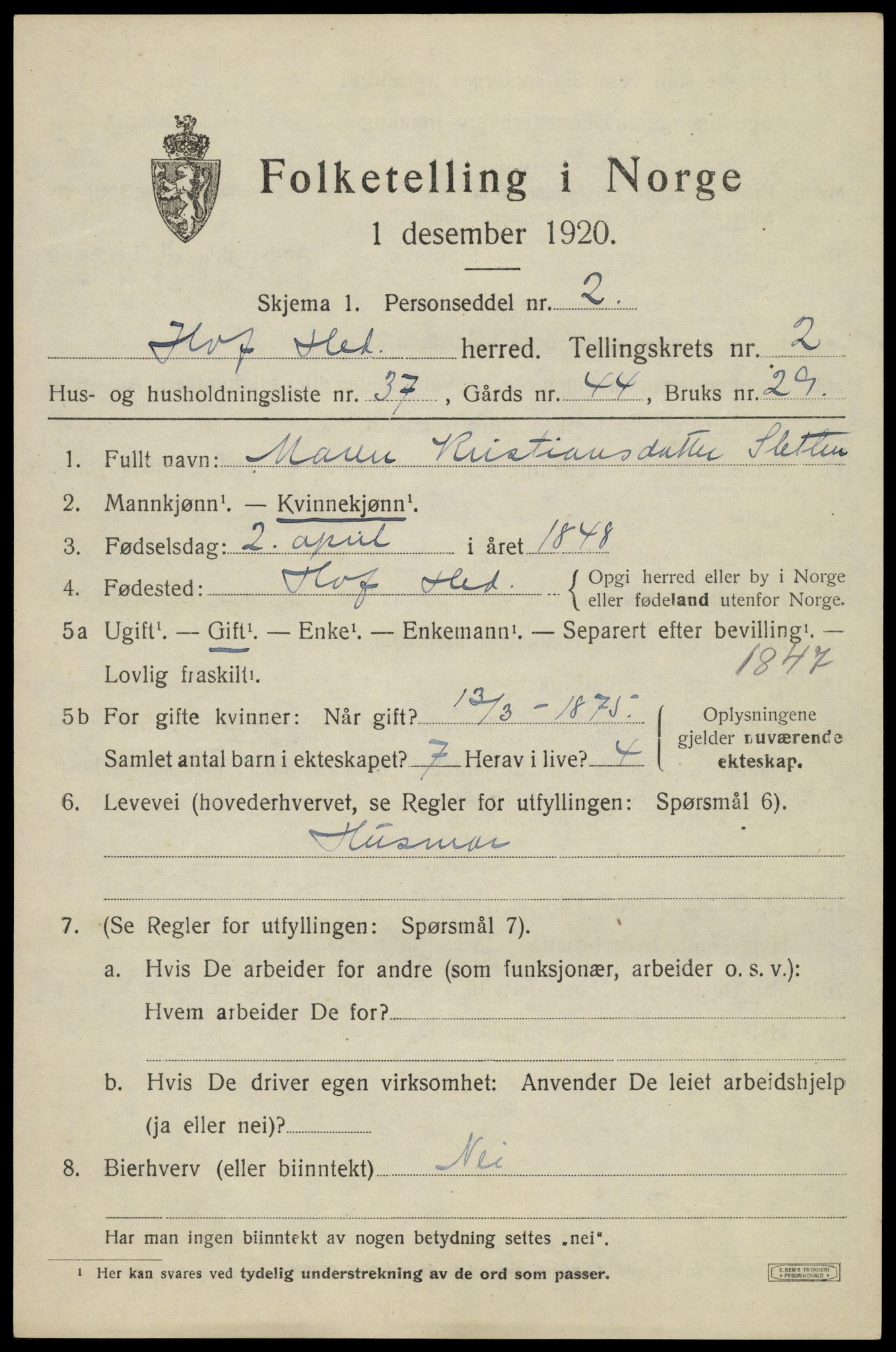 SAH, 1920 census for Hof, 1920, p. 2913