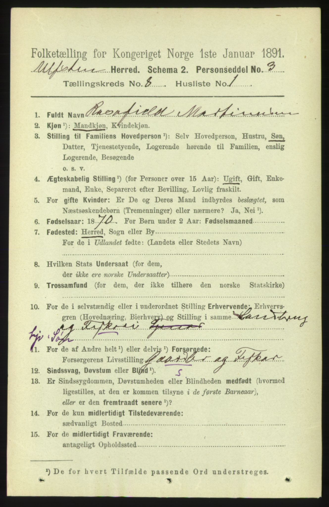 RA, 1891 census for 1516 Ulstein, 1891, p. 2564