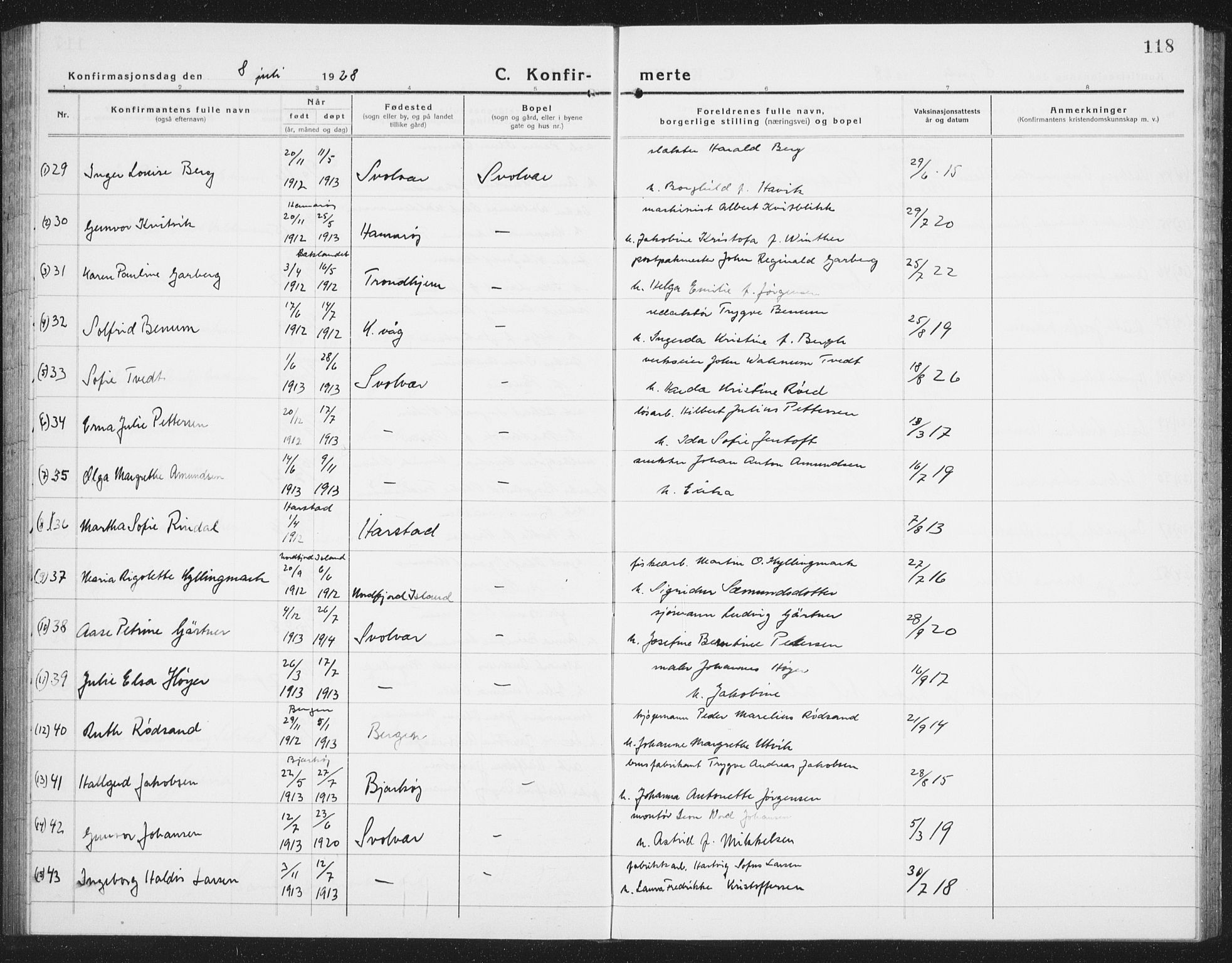 Ministerialprotokoller, klokkerbøker og fødselsregistre - Nordland, AV/SAT-A-1459/877/L1117: Parish register (copy) no. 877C01, 1923-1942, p. 118