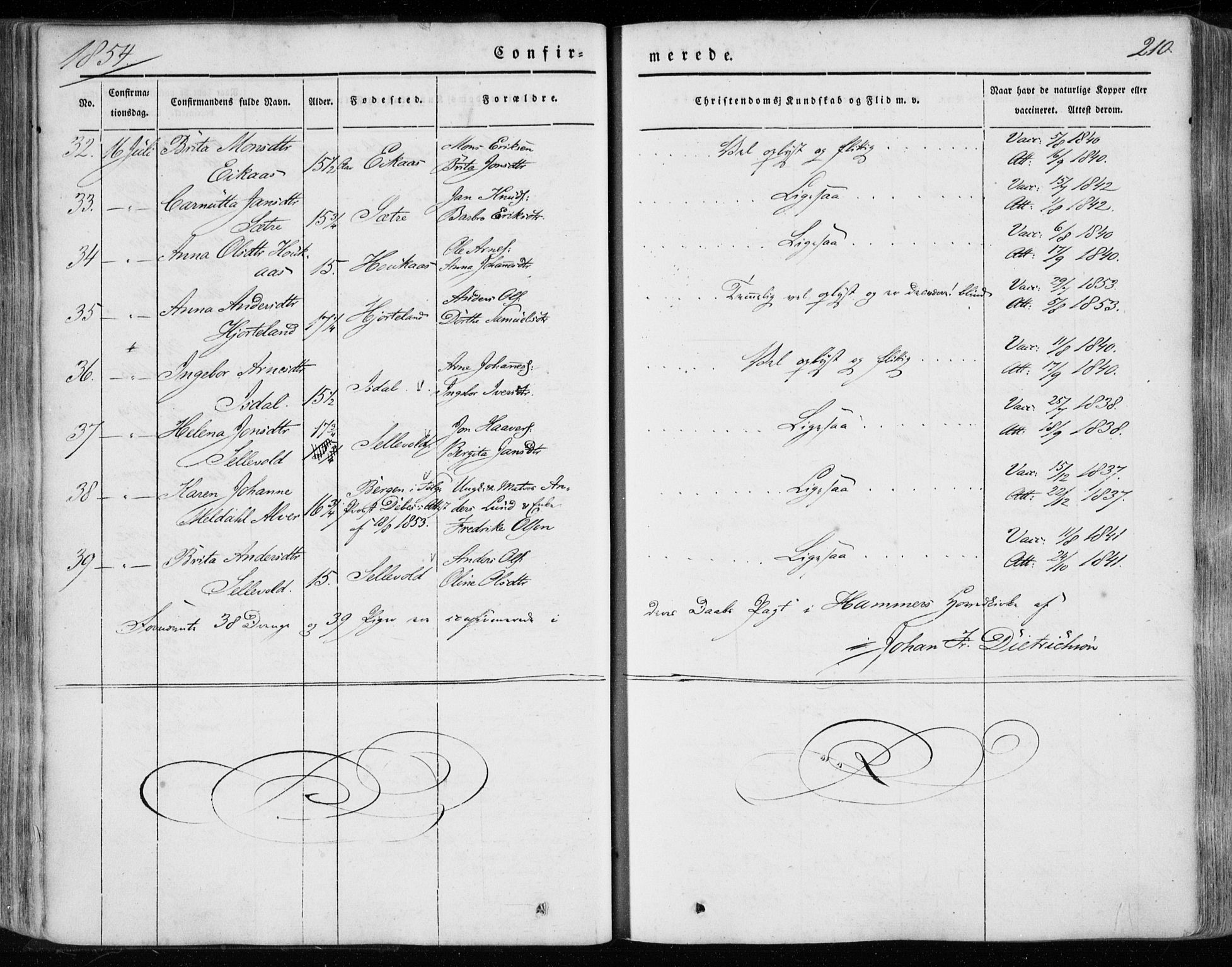 Hamre sokneprestembete, SAB/A-75501/H/Ha/Haa/Haaa/L0013: Parish register (official) no. A 13, 1846-1857, p. 210