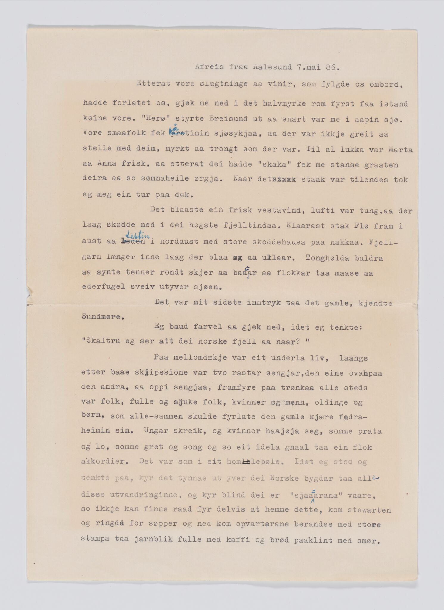 Jonas Olsen Hildremyr - Beretning av Amerikareise, IKAM/P-01122/G/Ga/L0001/0002: Beretning om emigrasjon frå Haram til Amerika, 1886 / Transkribert versjon, 1886