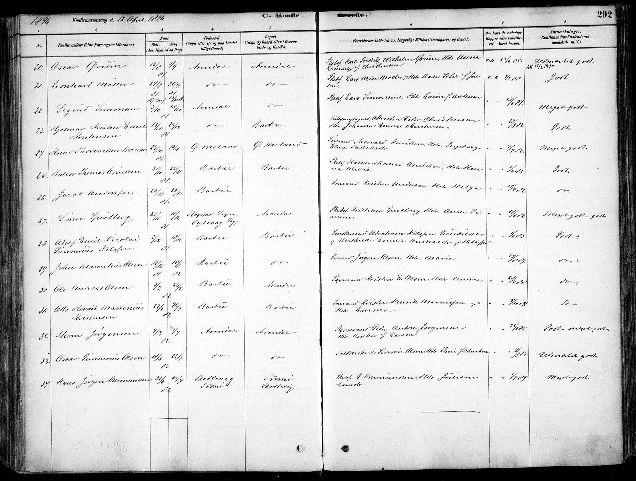 Arendal sokneprestkontor, Trefoldighet, AV/SAK-1111-0040/F/Fa/L0008: Parish register (official) no. A 8, 1878-1899, p. 292