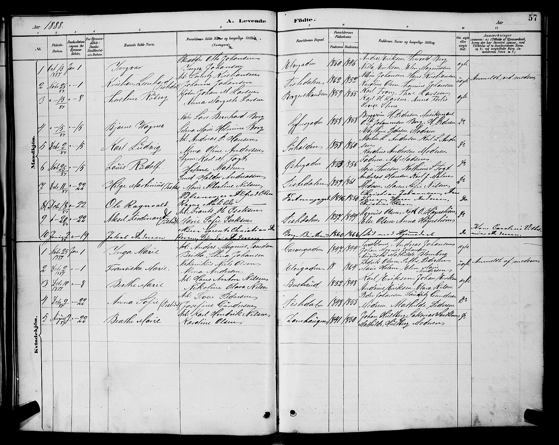 Halden prestekontor Kirkebøker, SAO/A-10909/G/Ga/L0008: Parish register (copy) no. 8, 1885-1899, p. 57