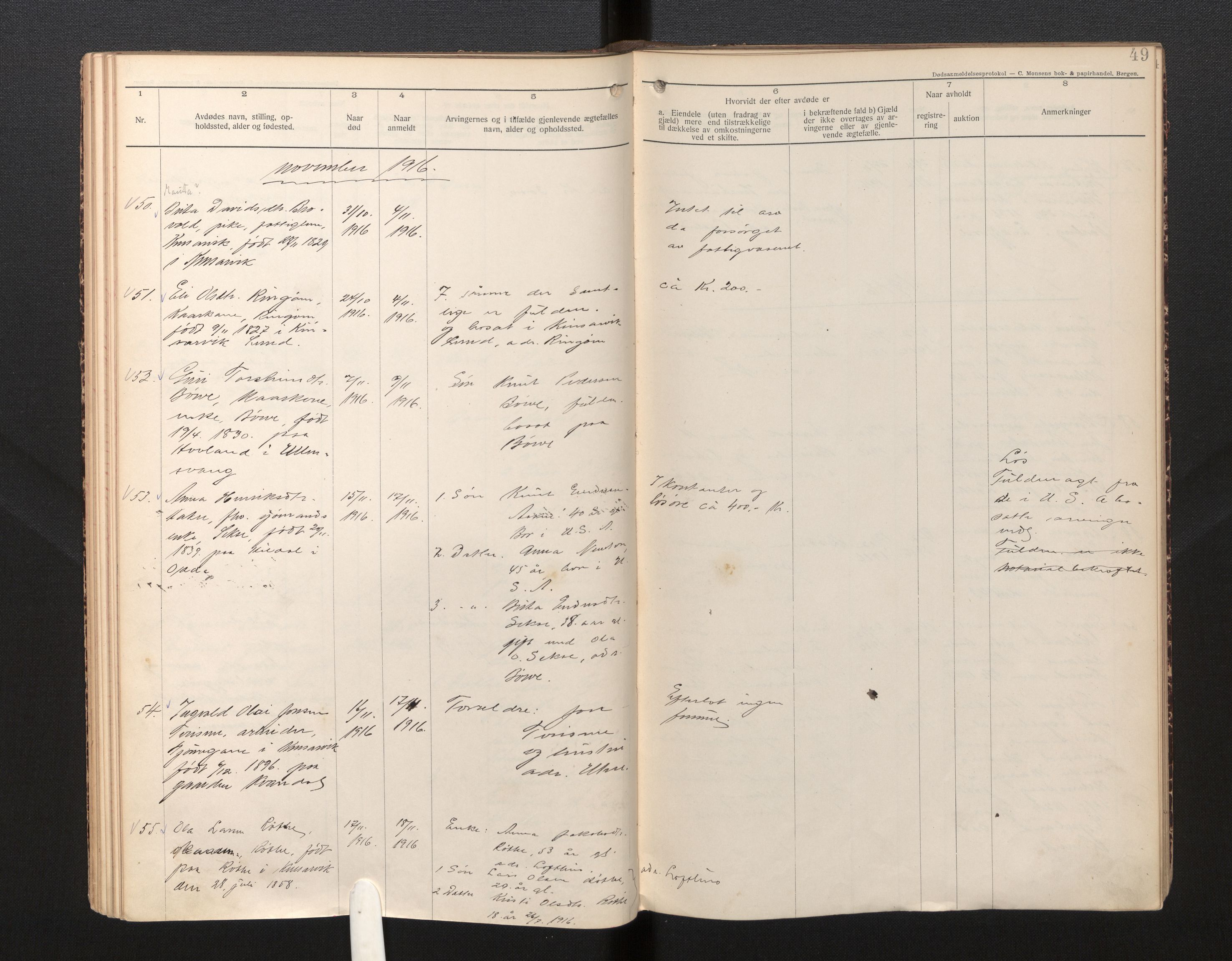 Lensmannen i Ullensvang, AV/SAB-A-35501/0006/L0006: Dødsfallprotokoll, 1911-1920, p. 49