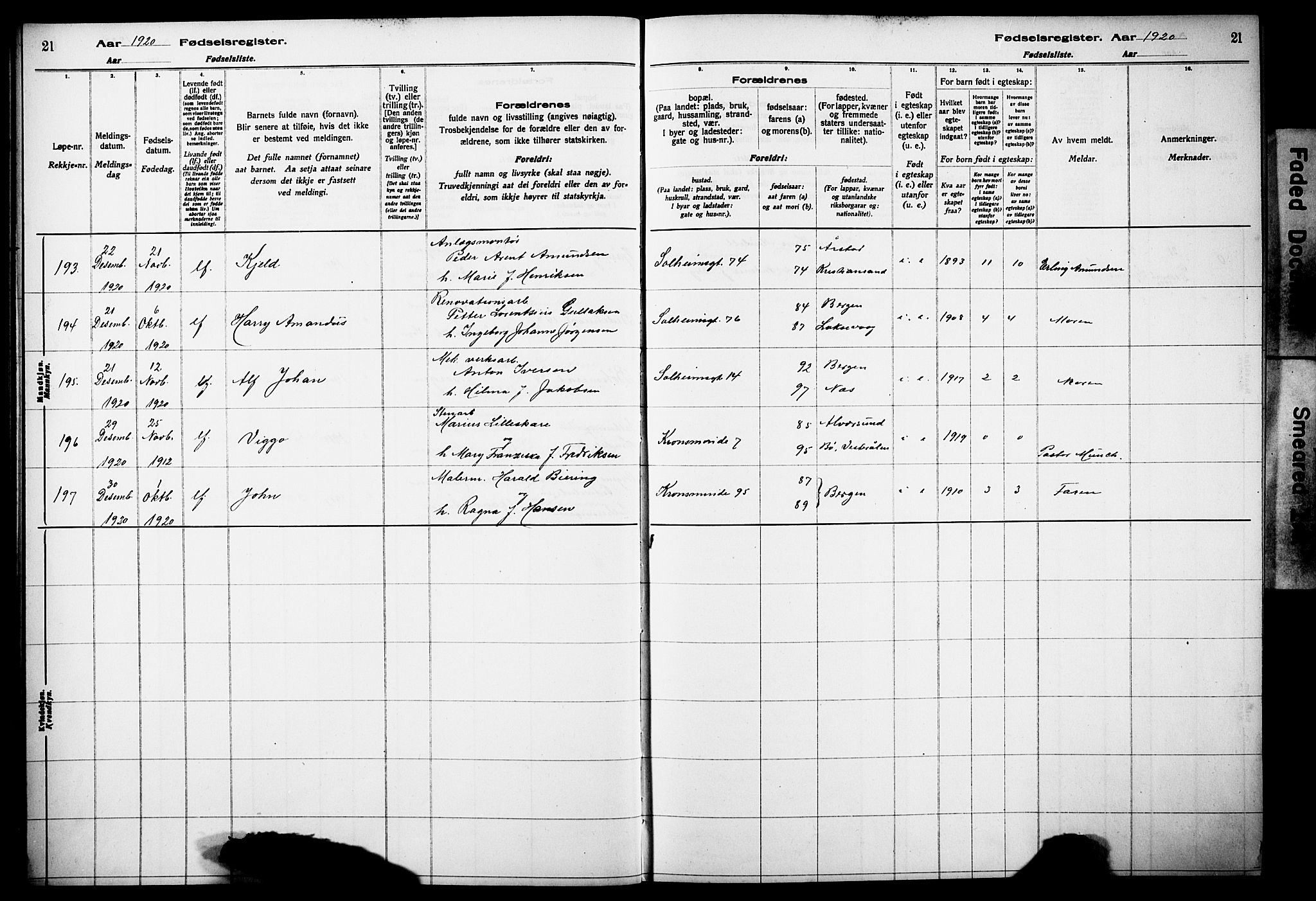 Årstad Sokneprestembete, AV/SAB-A-79301/I/Id/L0A02: Birth register no. A 2, 1920-1924, p. 21