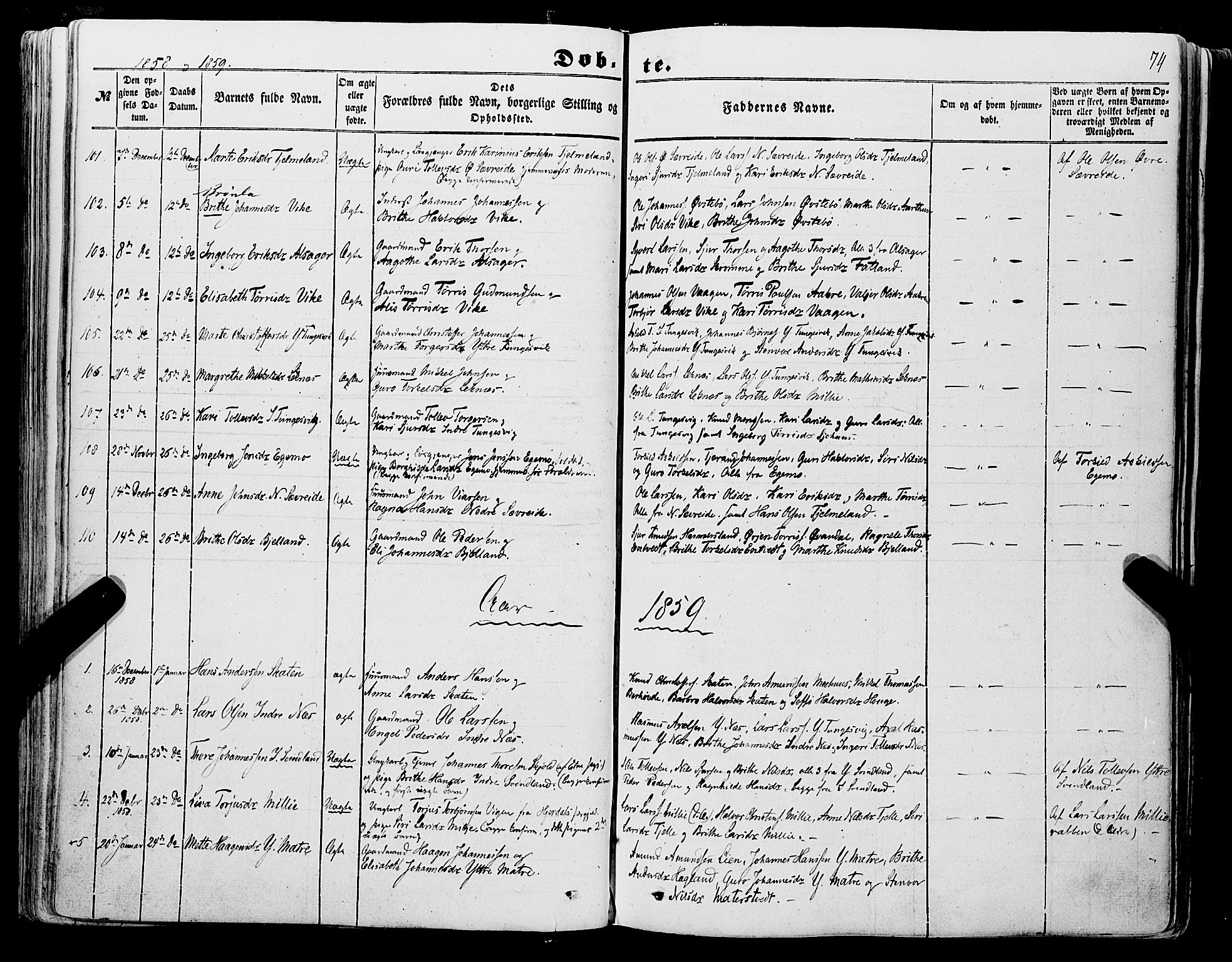 Skånevik sokneprestembete, SAB/A-77801/H/Haa: Parish register (official) no. A 5I, 1848-1869, p. 74