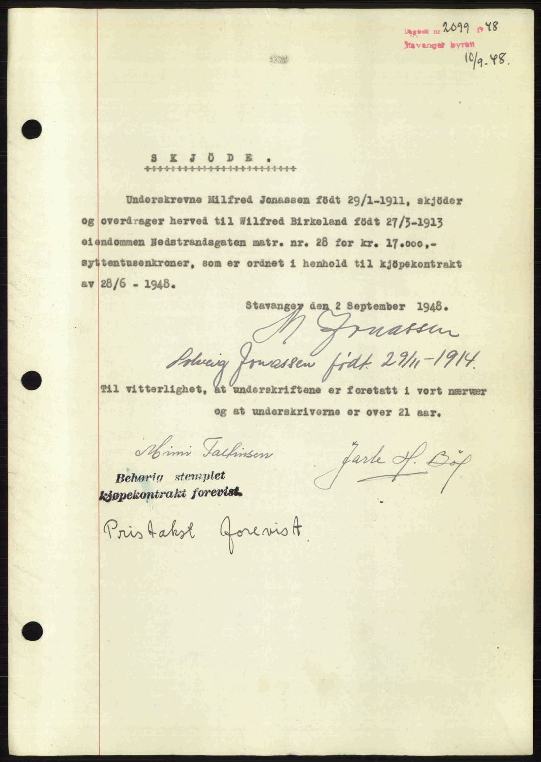 Stavanger byrett, SAST/A-100455/002/G/Gb/L0022: Mortgage book no. A11, 1947-1948, Diary no: : 2099/1948