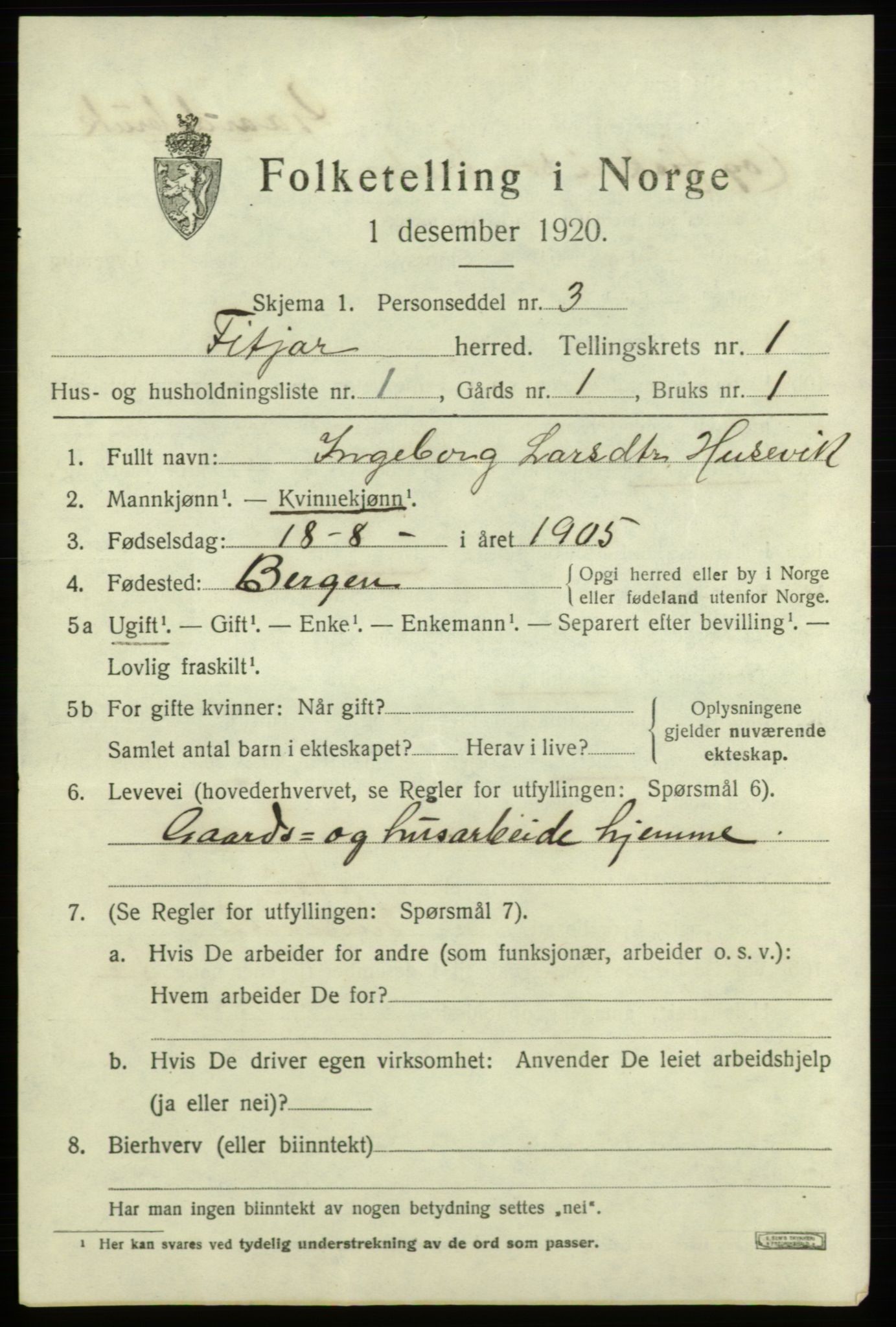 SAB, 1920 census for Fitjar, 1920, p. 952