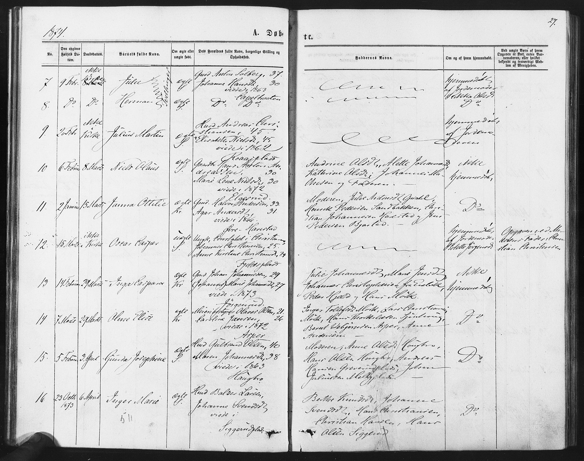 Kråkstad prestekontor Kirkebøker, AV/SAO-A-10125a/F/Fa/L0008: Parish register (official) no. I 8, 1870-1879, p. 27