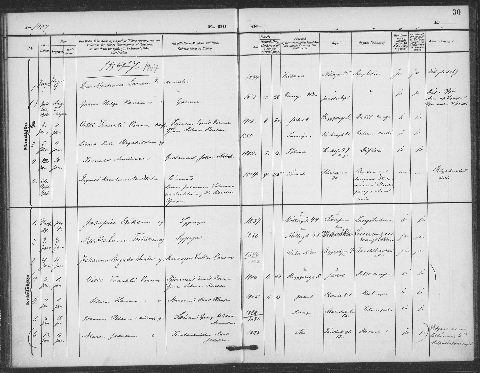 Jakob prestekontor Kirkebøker, SAO/A-10850/F/Fa/L0011: Parish register (official) no. 11, 1906-1920, p. 30
