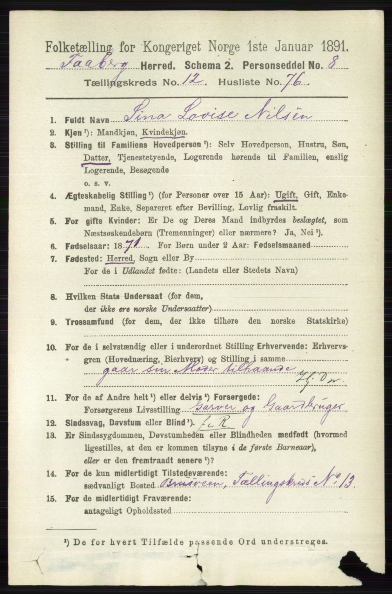 RA, 1891 census for 0524 Fåberg, 1891, p. 5172