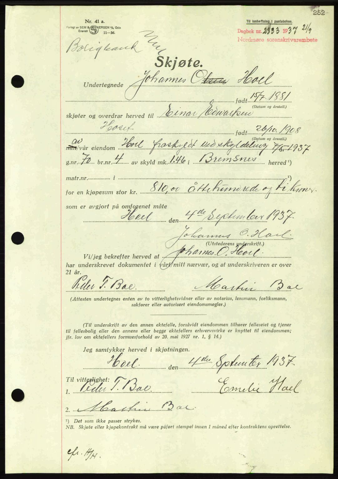 Nordmøre sorenskriveri, AV/SAT-A-4132/1/2/2Ca: Mortgage book no. A82, 1937-1938, Diary no: : 2333/1937