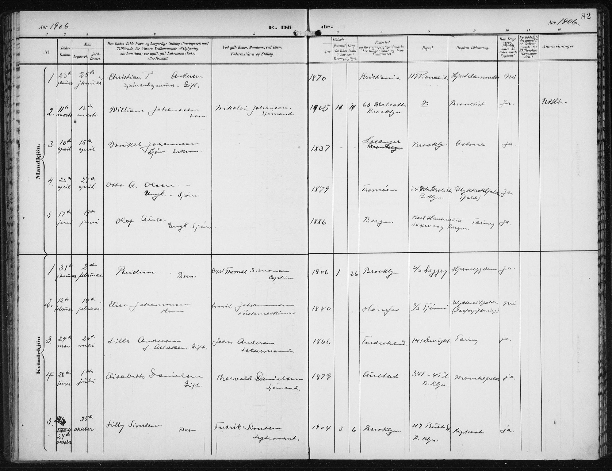 Den norske sjømannsmisjon i utlandet/New York, AV/SAB-SAB/PA-0110/H/Ha/L0005: Parish register (official) no. A 5, 1902-1908, p. 82