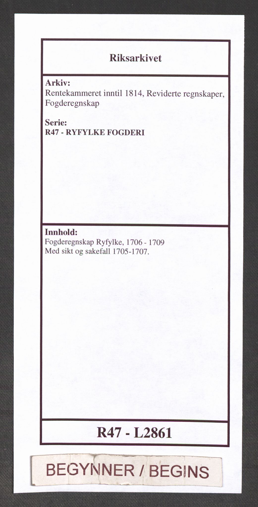 Rentekammeret inntil 1814, Reviderte regnskaper, Fogderegnskap, RA/EA-4092/R47/L2861: Fogderegnskap Ryfylke, 1706-1709, p. 1