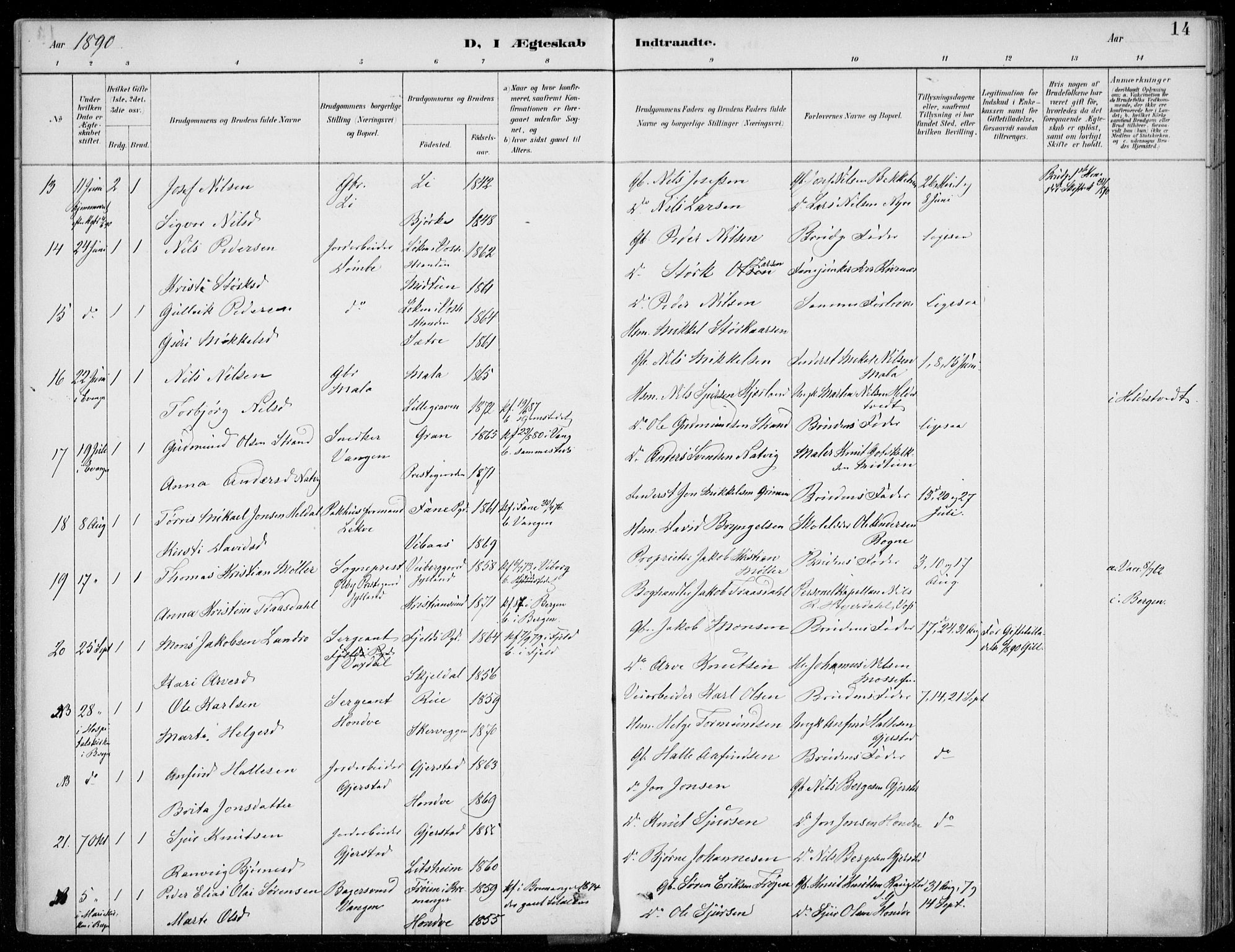 Voss sokneprestembete, AV/SAB-A-79001/H/Haa: Parish register (official) no. C  1, 1887-1915, p. 14