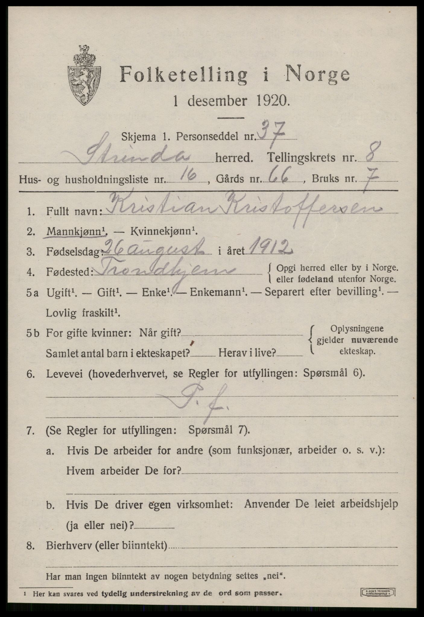 SAT, 1920 census for Strinda, 1920, p. 20210