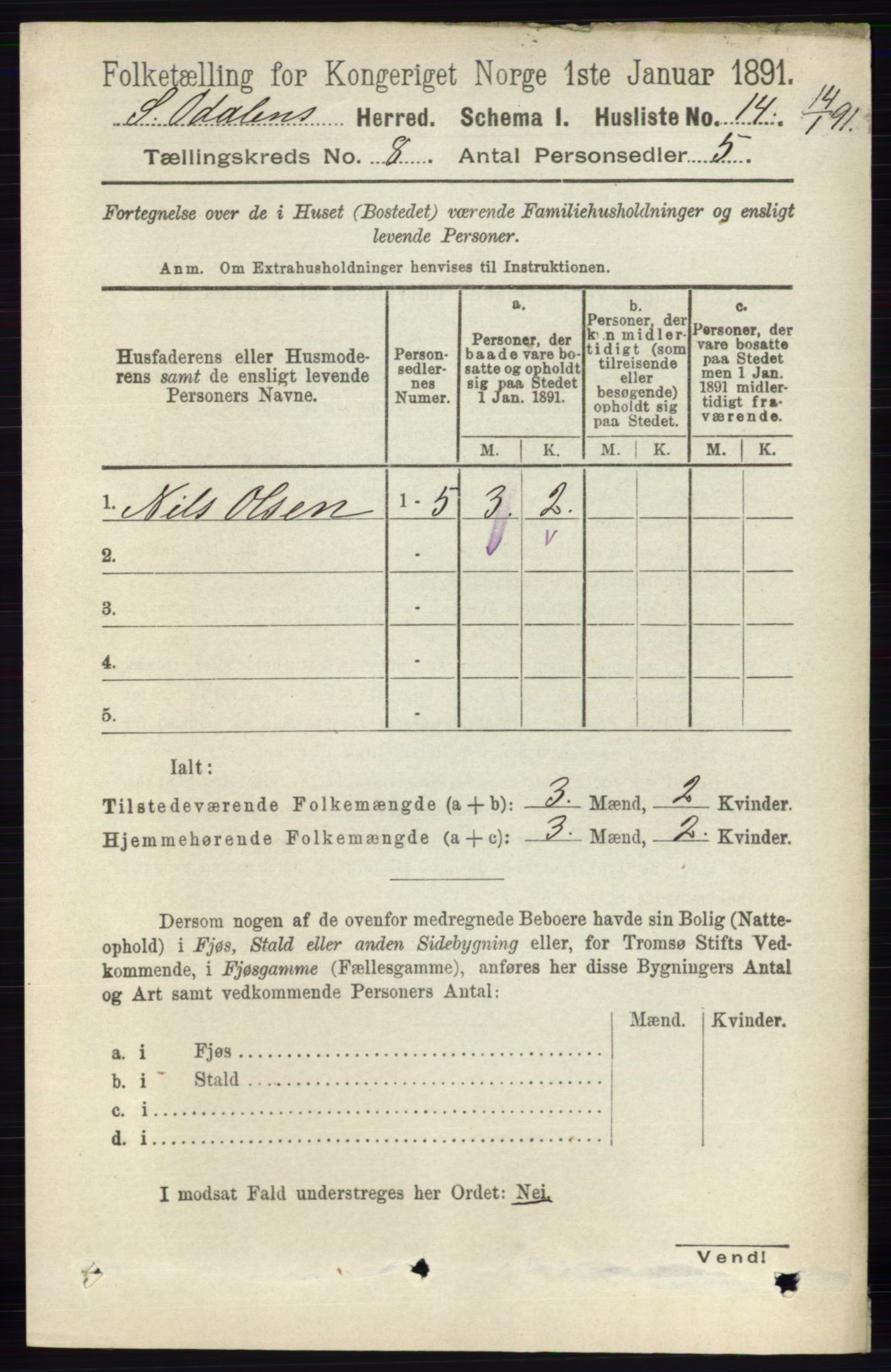 RA, 1891 census for 0419 Sør-Odal, 1891, p. 3974