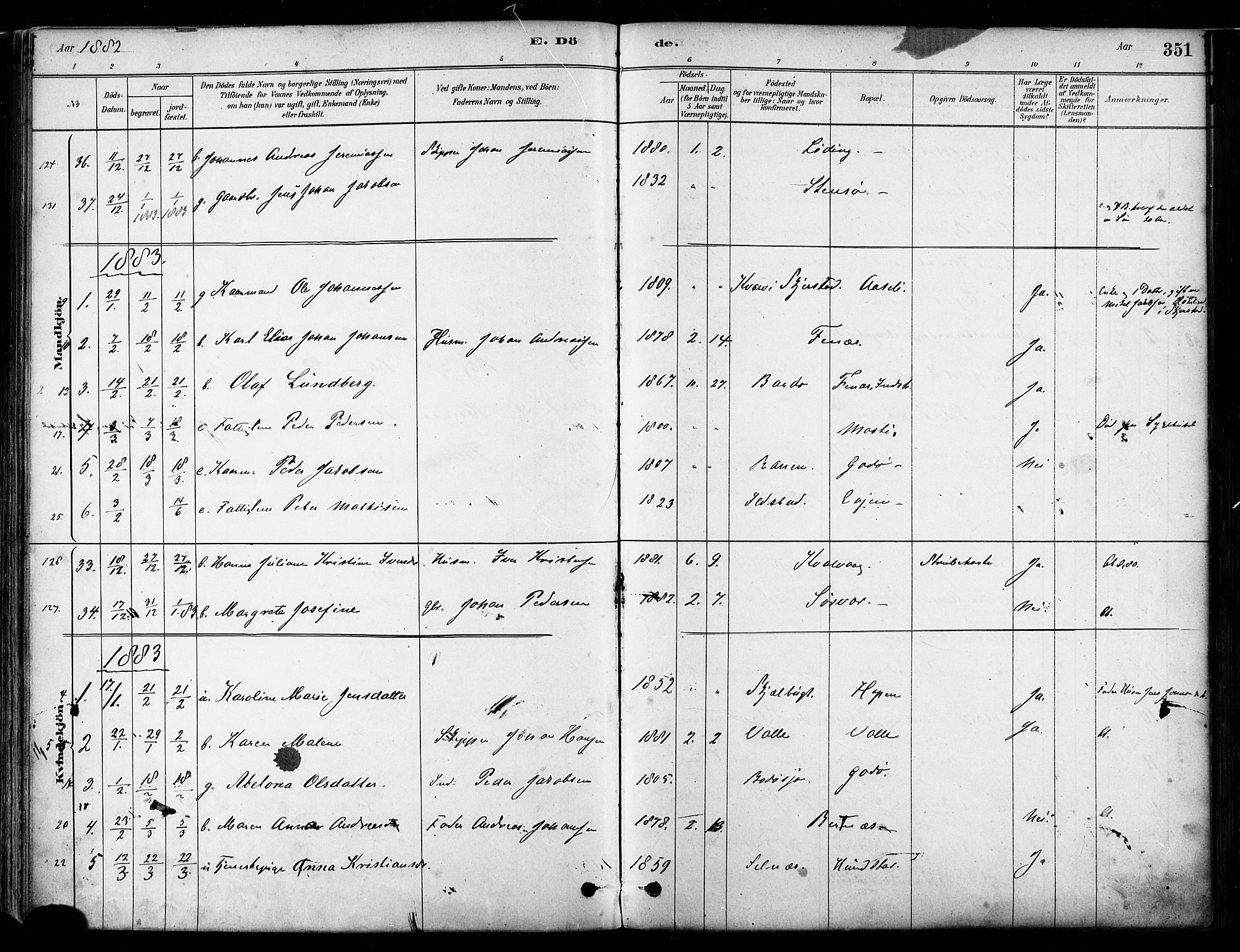 Ministerialprotokoller, klokkerbøker og fødselsregistre - Nordland, SAT/A-1459/802/L0054: Parish register (official) no. 802A01, 1879-1893, p. 351