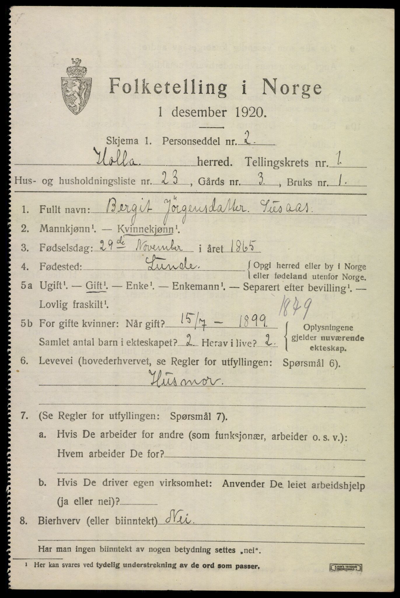 SAKO, 1920 census for Holla, 1920, p. 1599