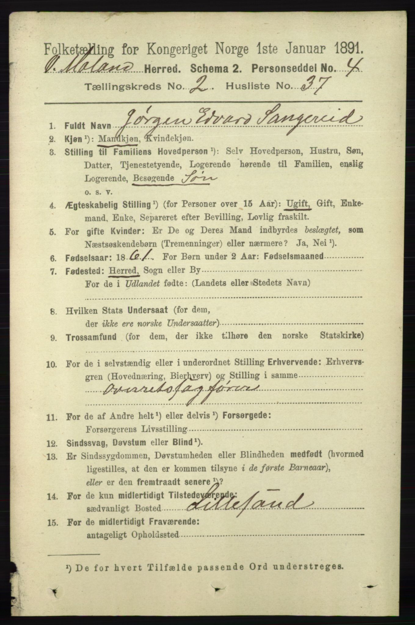 RA, 1891 census for 0926 Vestre Moland, 1891, p. 807