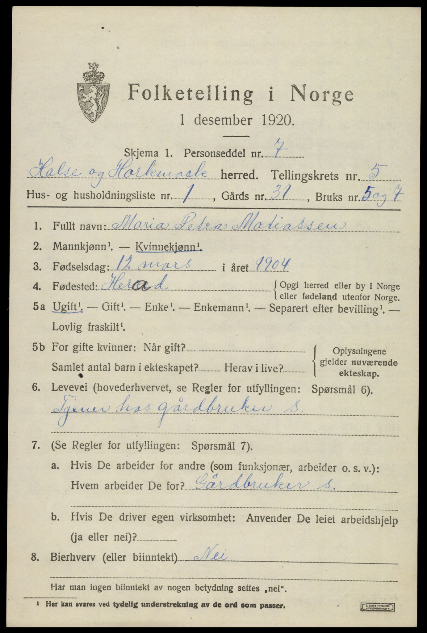 SAK, 1920 census for Halse og Harkmark, 1920, p. 3052