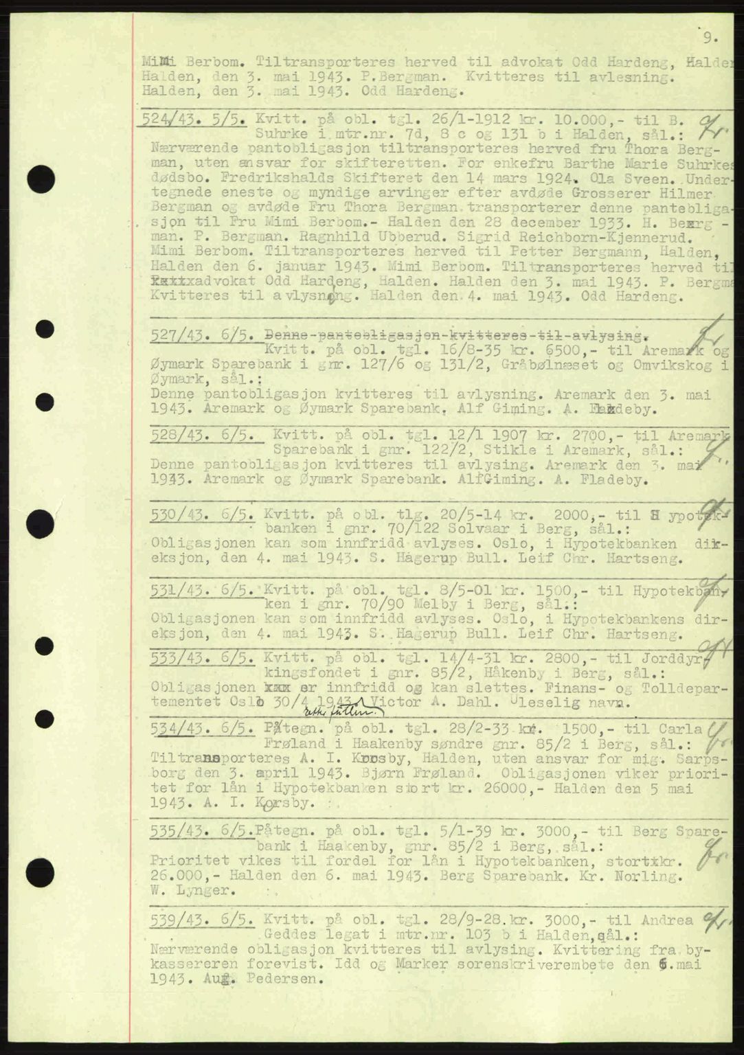 Idd og Marker sorenskriveri, AV/SAO-A-10283/G/Gb/Gbc/L0002: Mortgage book no. B4-9a, 1939-1945, Diary no: : 524/1943