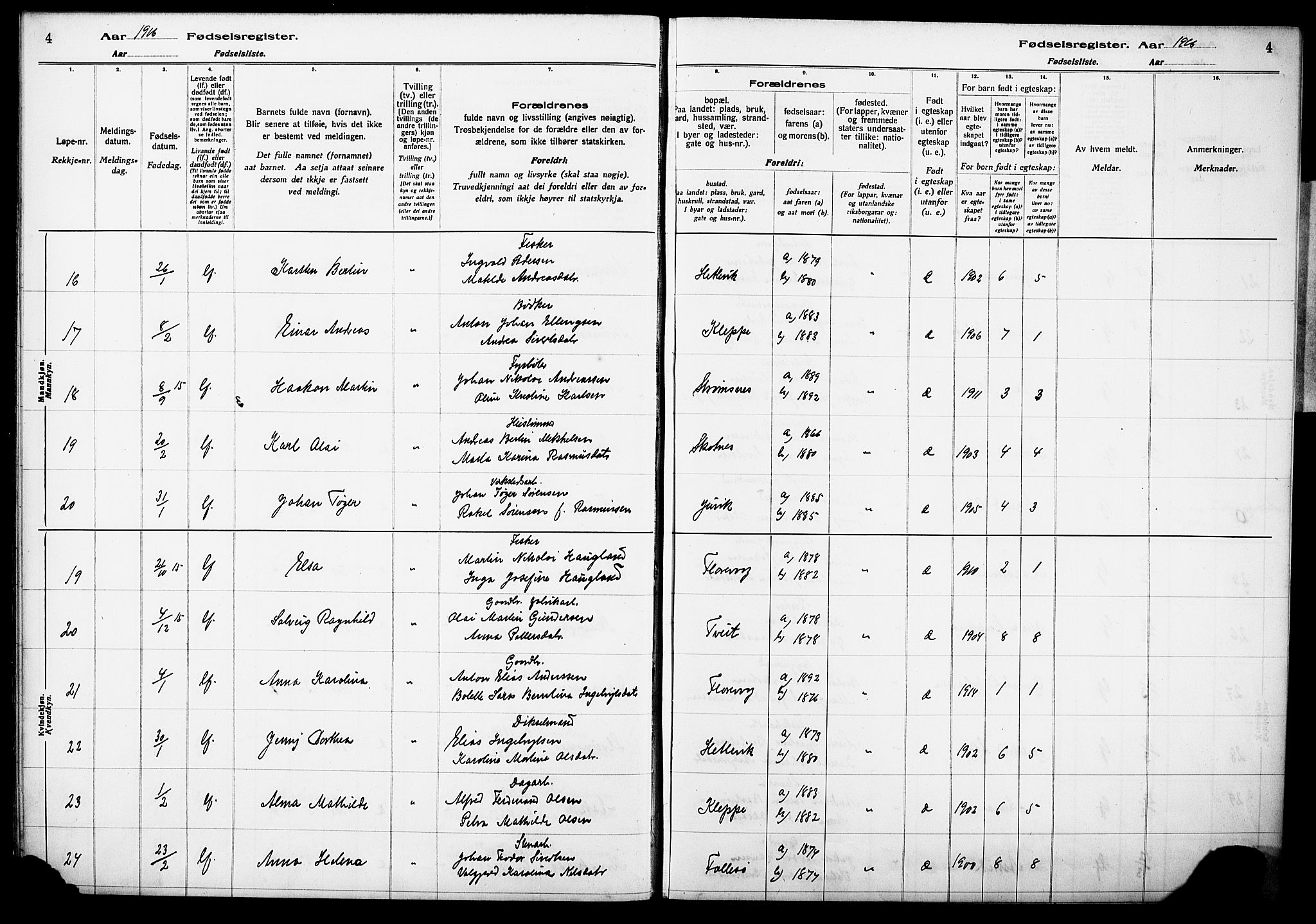 Askøy Sokneprestembete, AV/SAB-A-74101/I/Id/L00A1: Birth register no. A 1, 1916-1928, p. 4