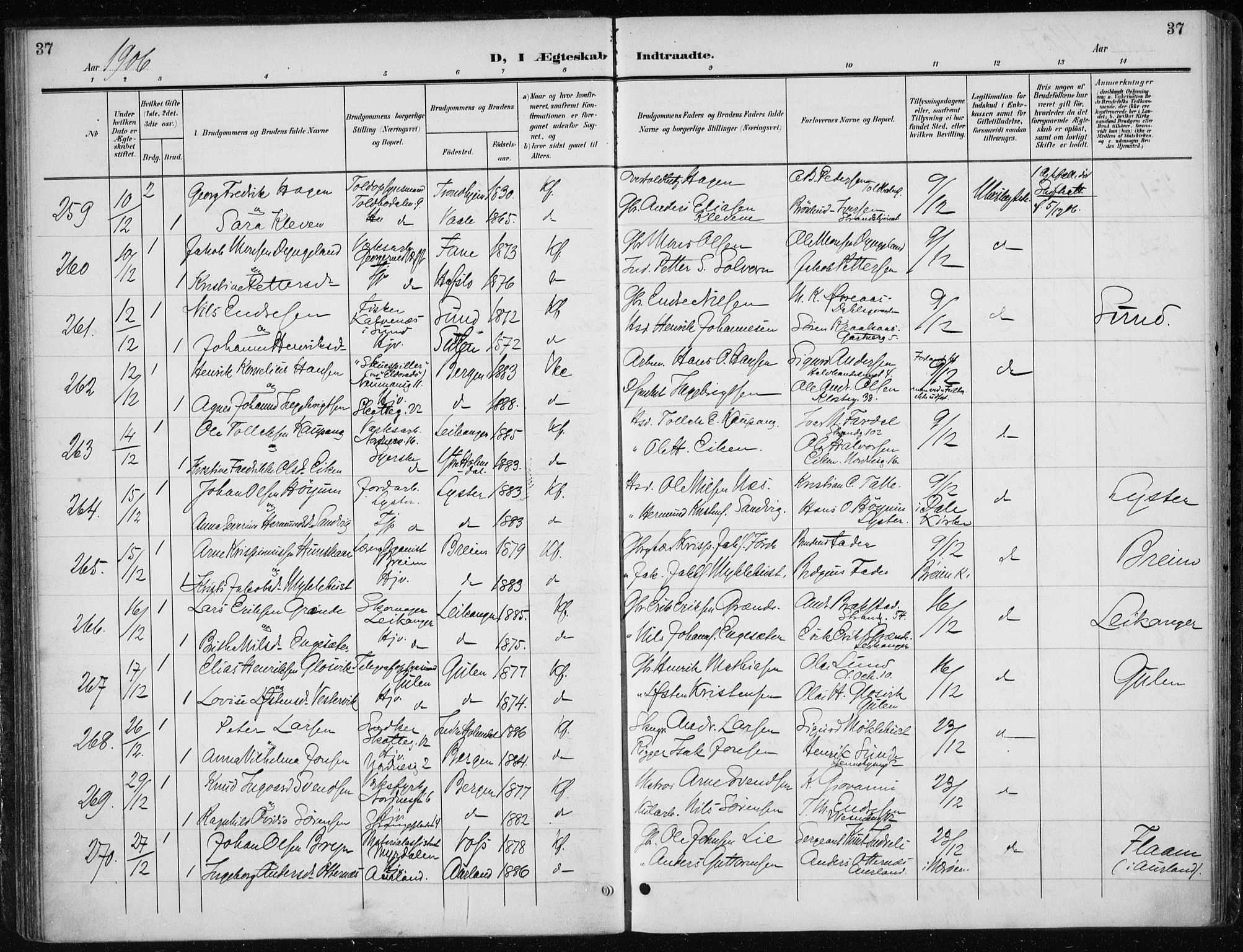 Nykirken Sokneprestembete, SAB/A-77101/H/Haa/L0035: Parish register (official) no. D 5, 1905-1913, p. 37