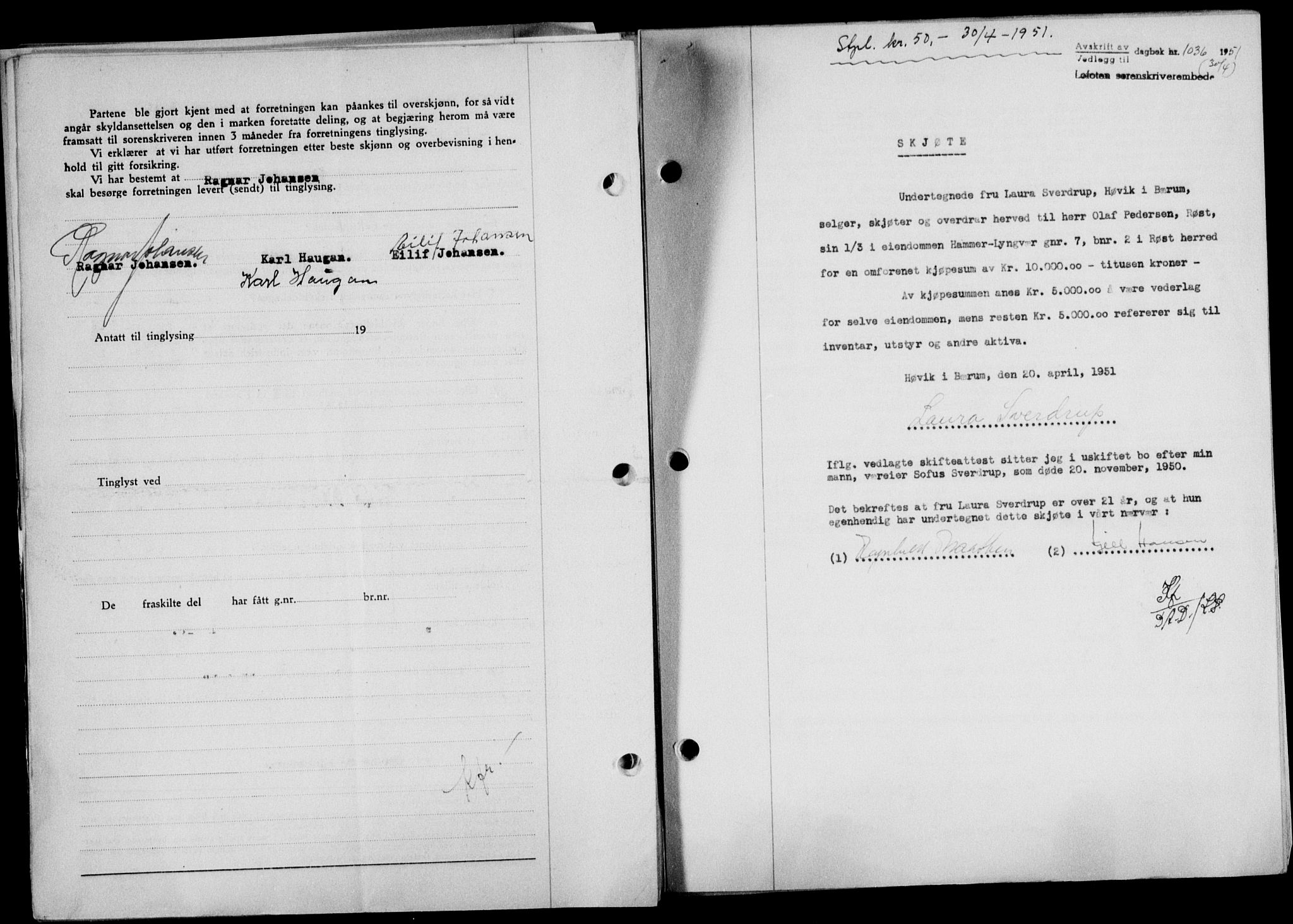 Lofoten sorenskriveri, SAT/A-0017/1/2/2C/L0025a: Mortgage book no. 25a, 1950-1951, Diary no: : 1036/1951