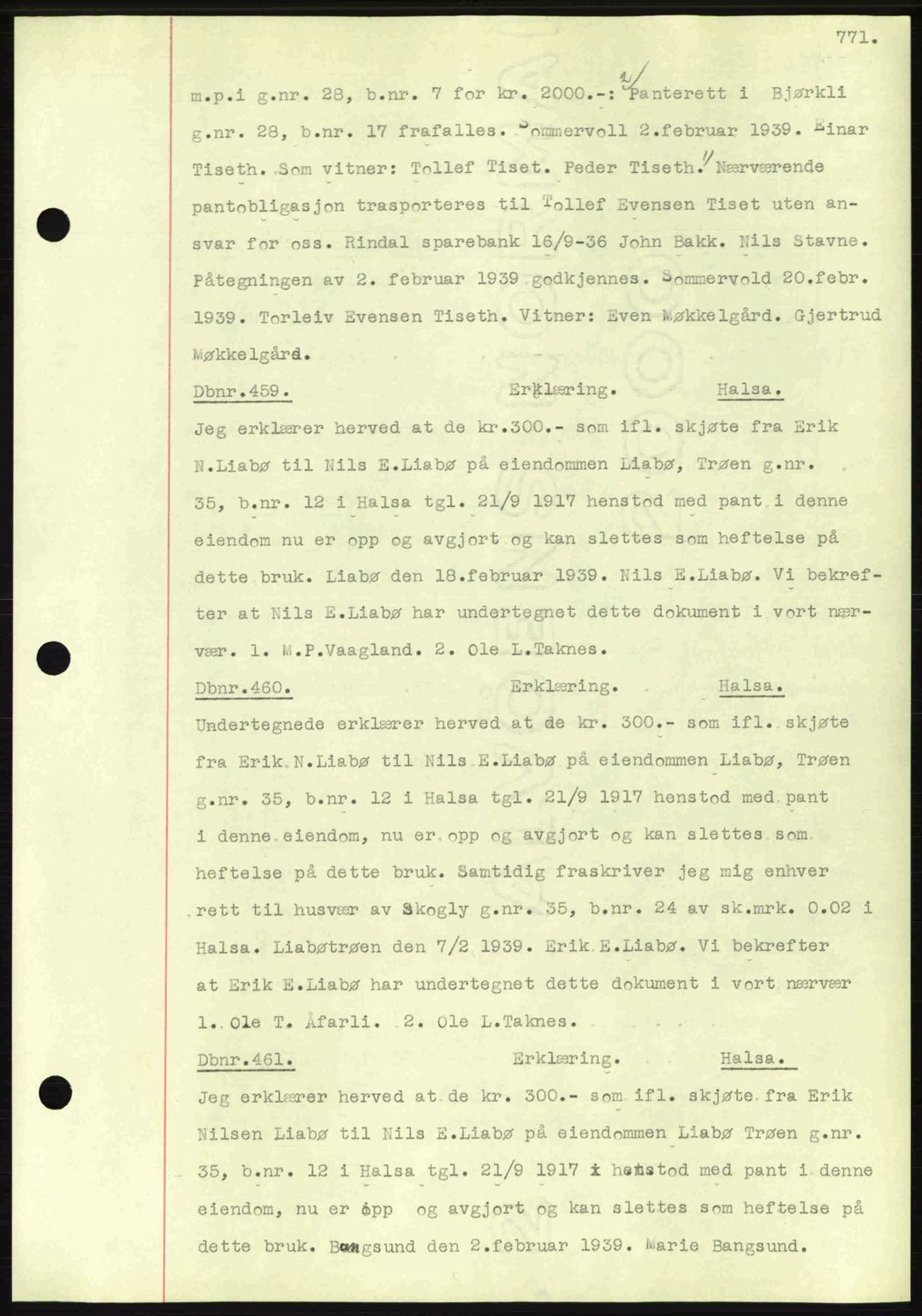 Nordmøre sorenskriveri, AV/SAT-A-4132/1/2/2Ca: Mortgage book no. C80, 1936-1939, Diary no: : 459/1939