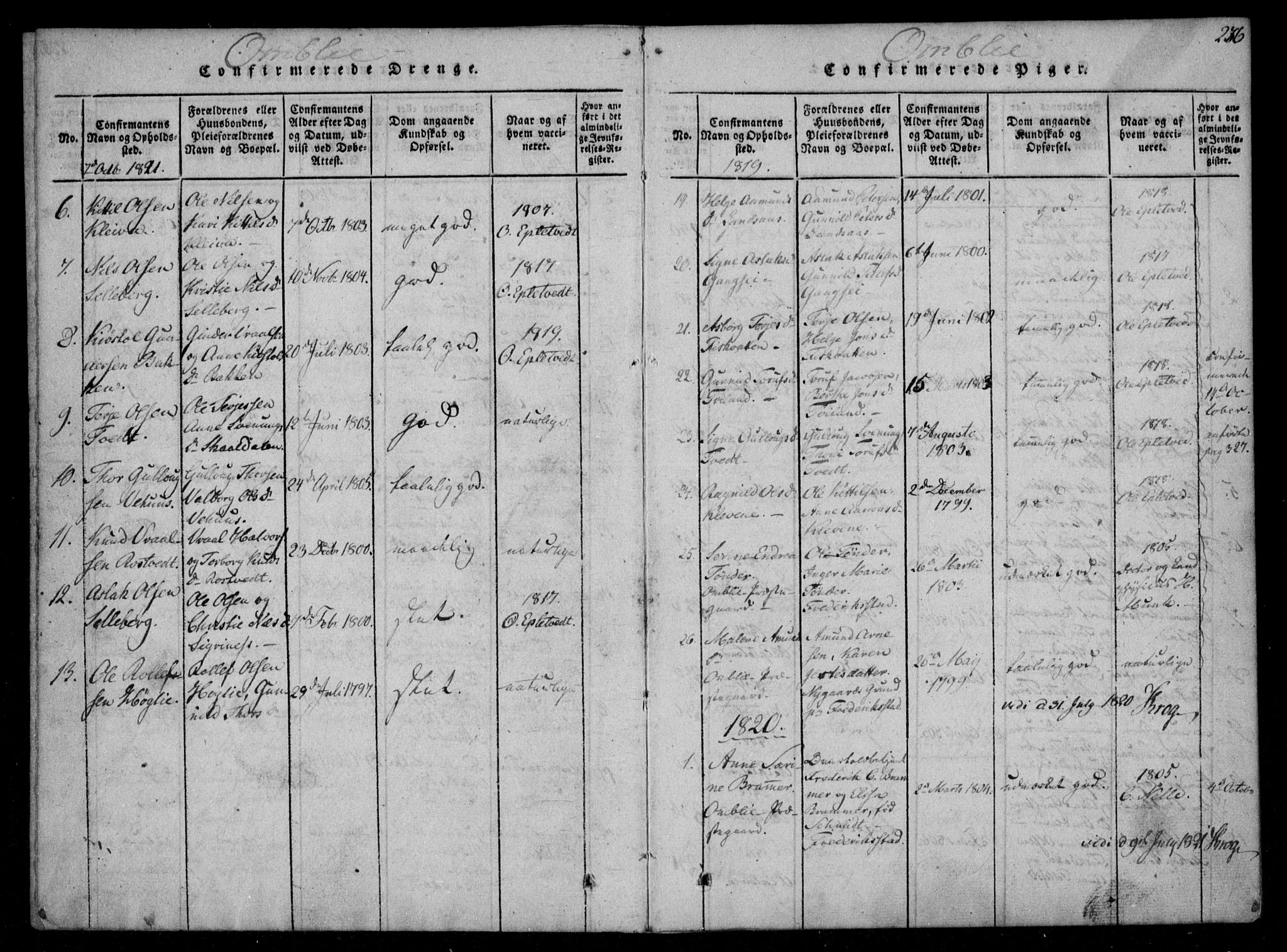 Åmli sokneprestkontor, SAK/1111-0050/F/Fa/Fac/L0006: Parish register (official) no. A 6, 1816-1829, p. 236