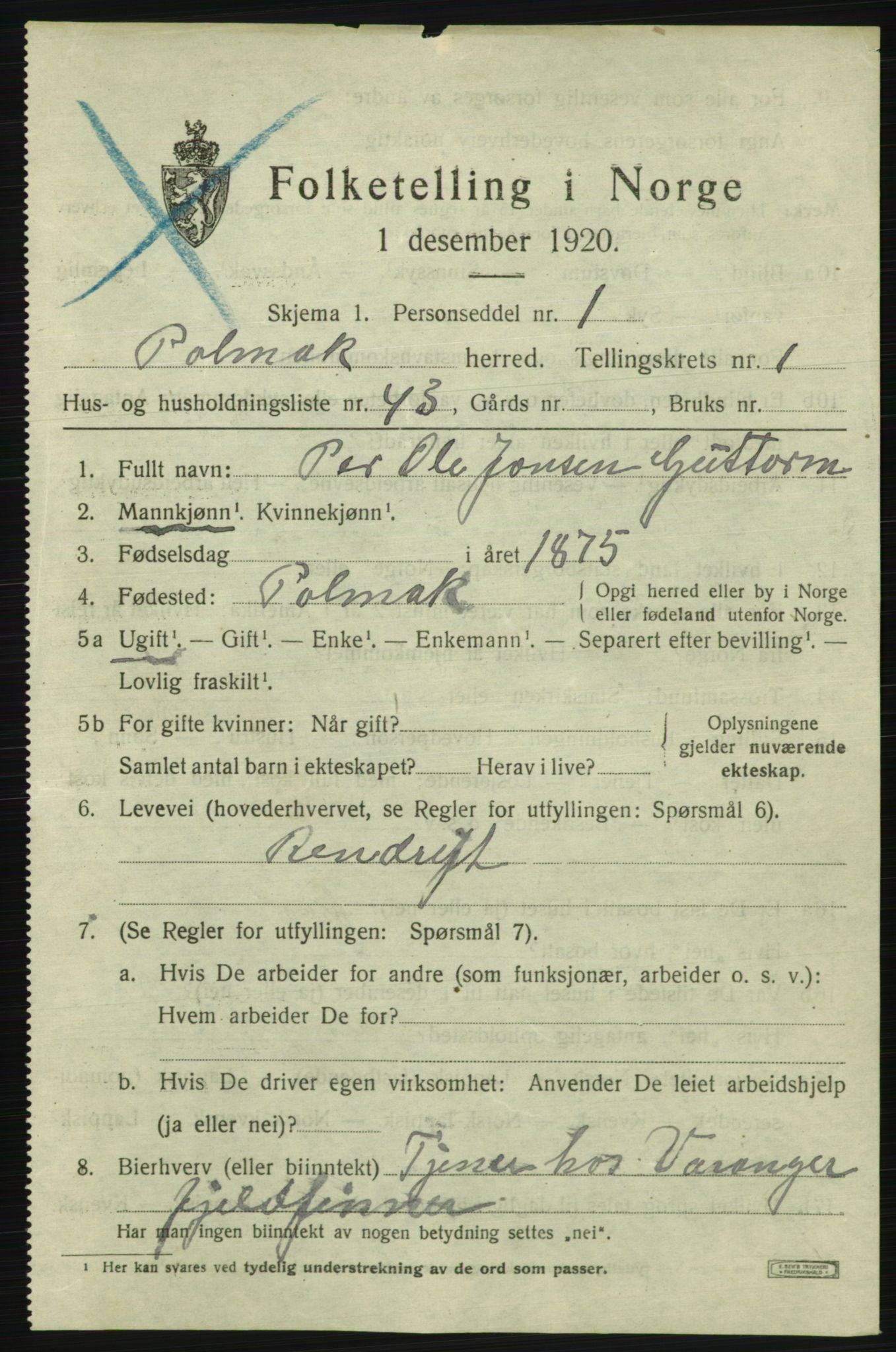 SATØ, 1920 census for Polmak, 1920, p. 715